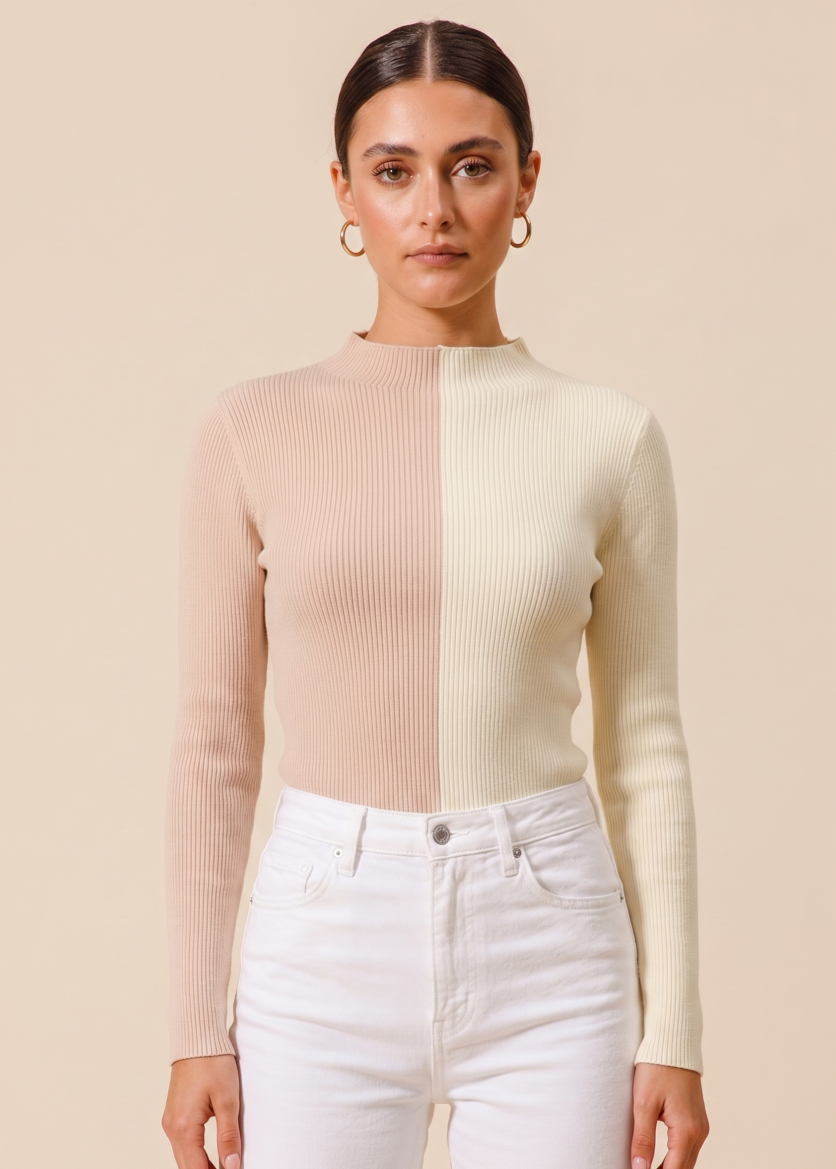 Feletin Luxe Color-Block Ribbed High-Neck Cropped Sweater Top in Taupe & Ivory