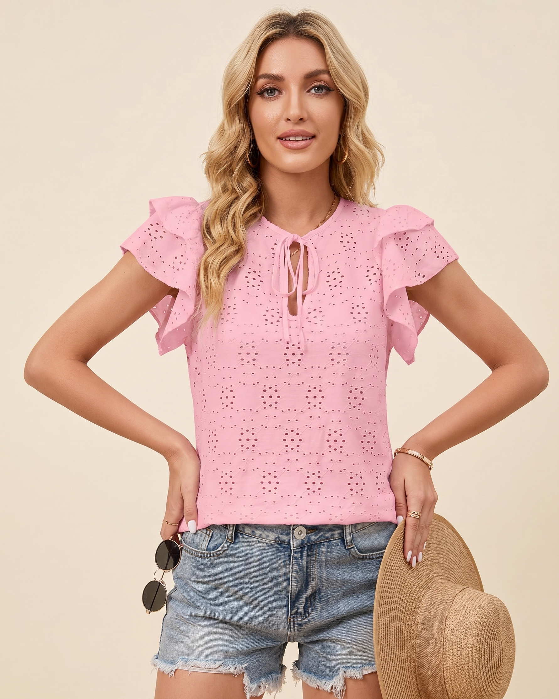 Feletin Luxe Eyelet Tie-Neck Flutter-Sleeve Blouse in Blush Pink