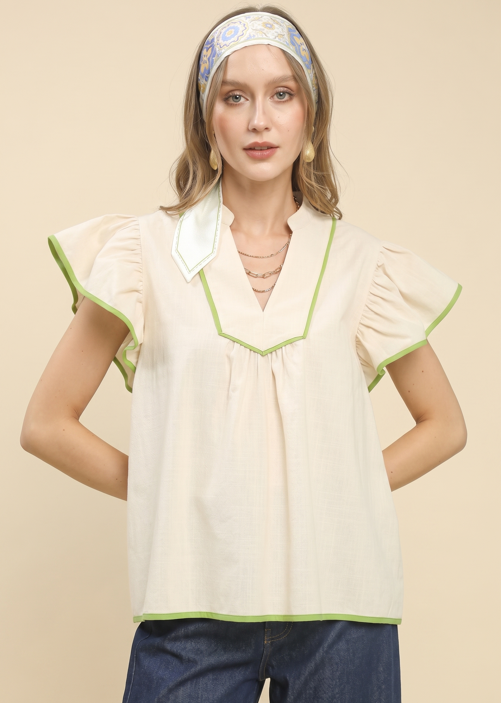 Feletin Luxe Contrast-Trim Tiered Flutter-Sleeve Babydoll Blouse | Cream | Sizes S–L