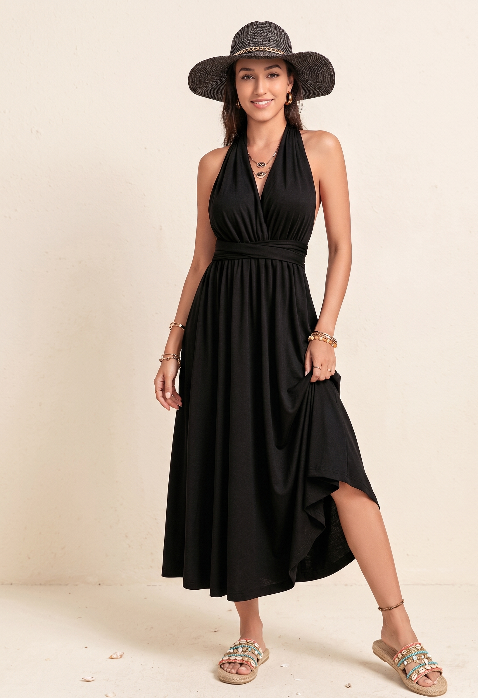 Feletin Luxe Ruched Twisted Tie-Waist Surplice Sleeveless Midi Dress in Black