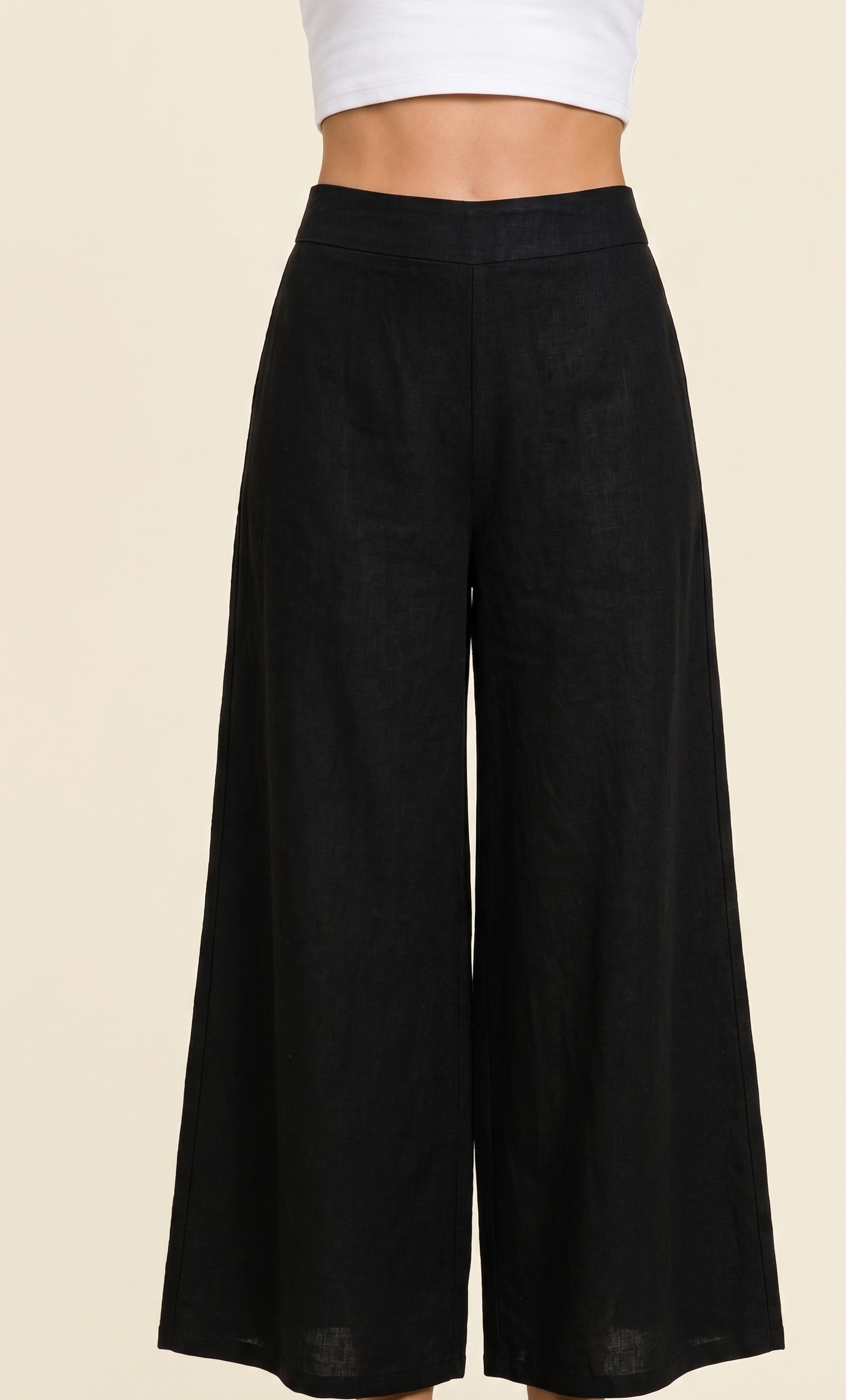 Feletin Linen Noir Pleated Drawstring Wide Leg Pants