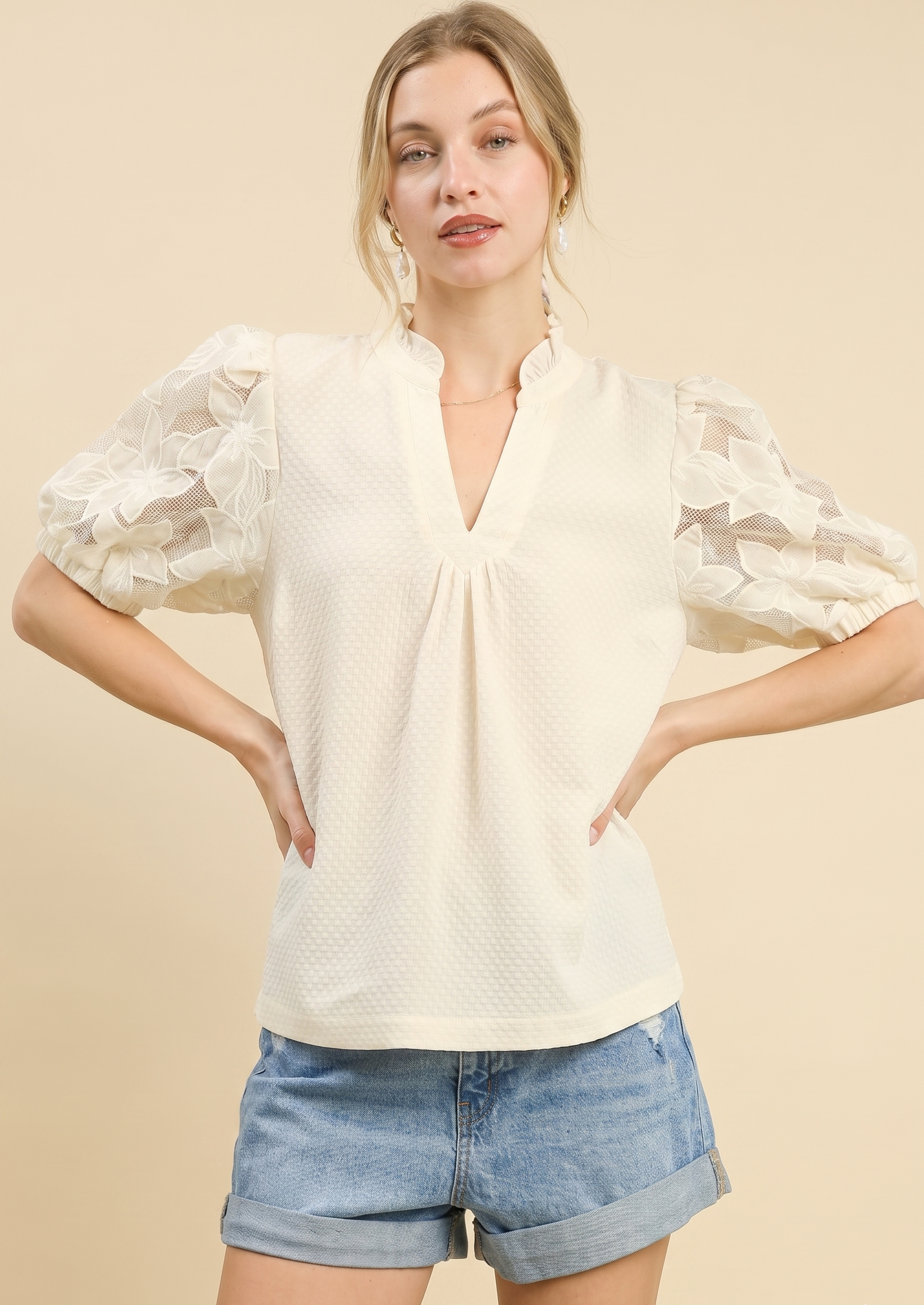 Feletin Luxe Floral-Embroidered Lace-Contrast Puff-Sleeve Textured Blouse | Cream | Sizes S–L