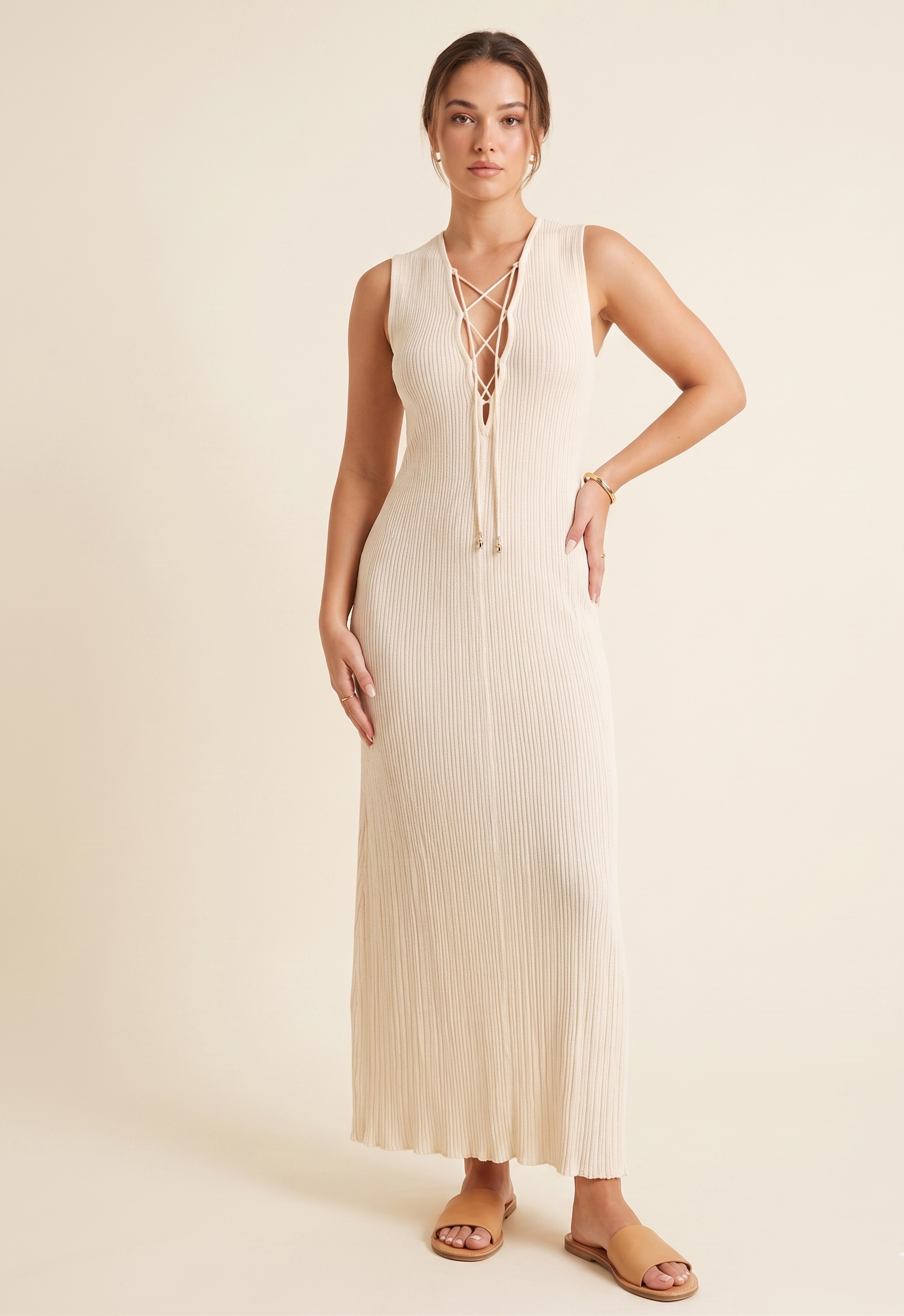 Feletin Luxe Ribbed Lace-Up Sleeveless Maxi Dress in White