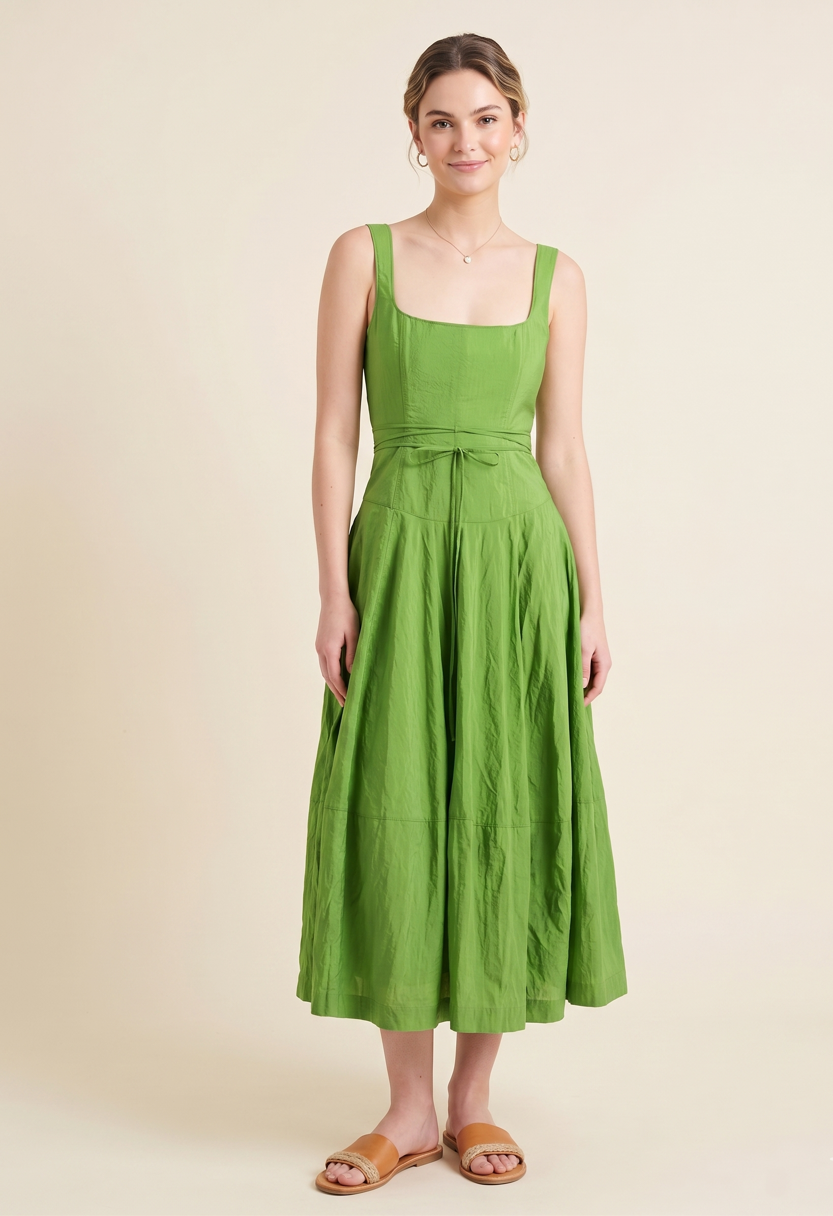 Feletin Luxe Square Neck Sleeveless Midi Swing Dress in Matcha