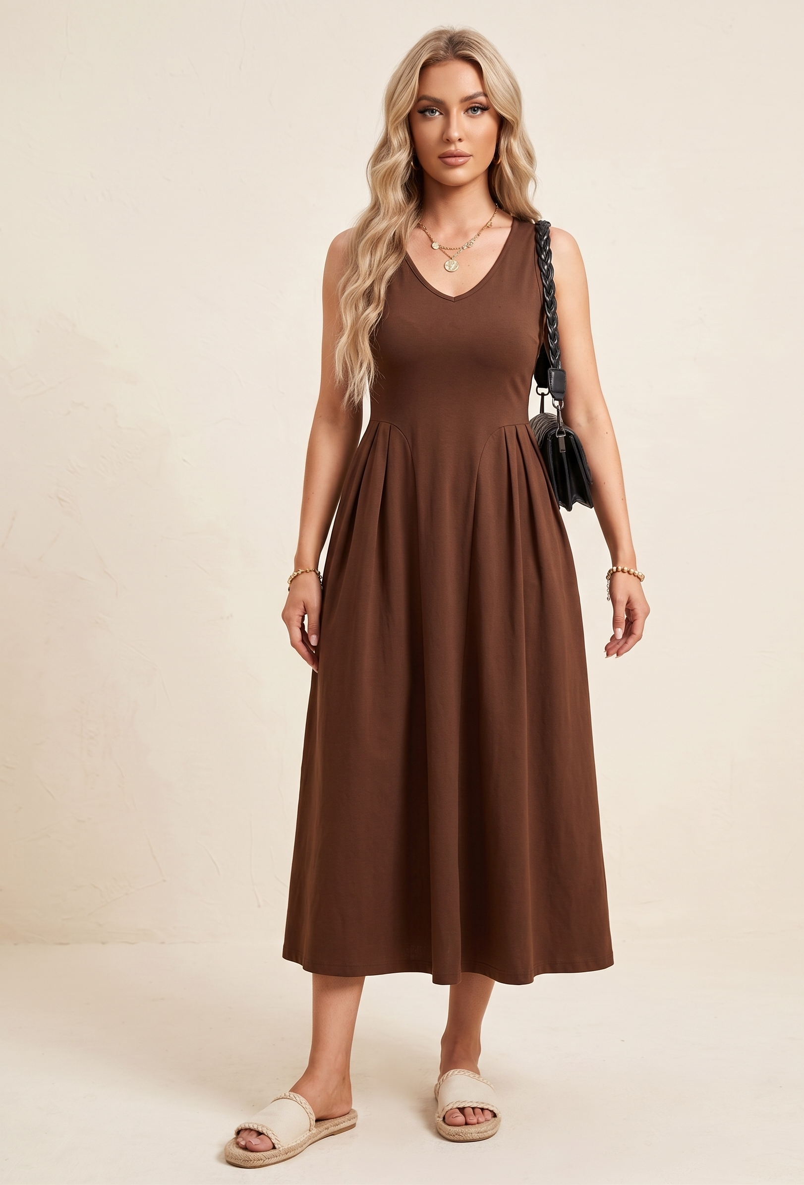 Feletin Luxe Ruched V-Neck Tank Midi Dress with Pockets