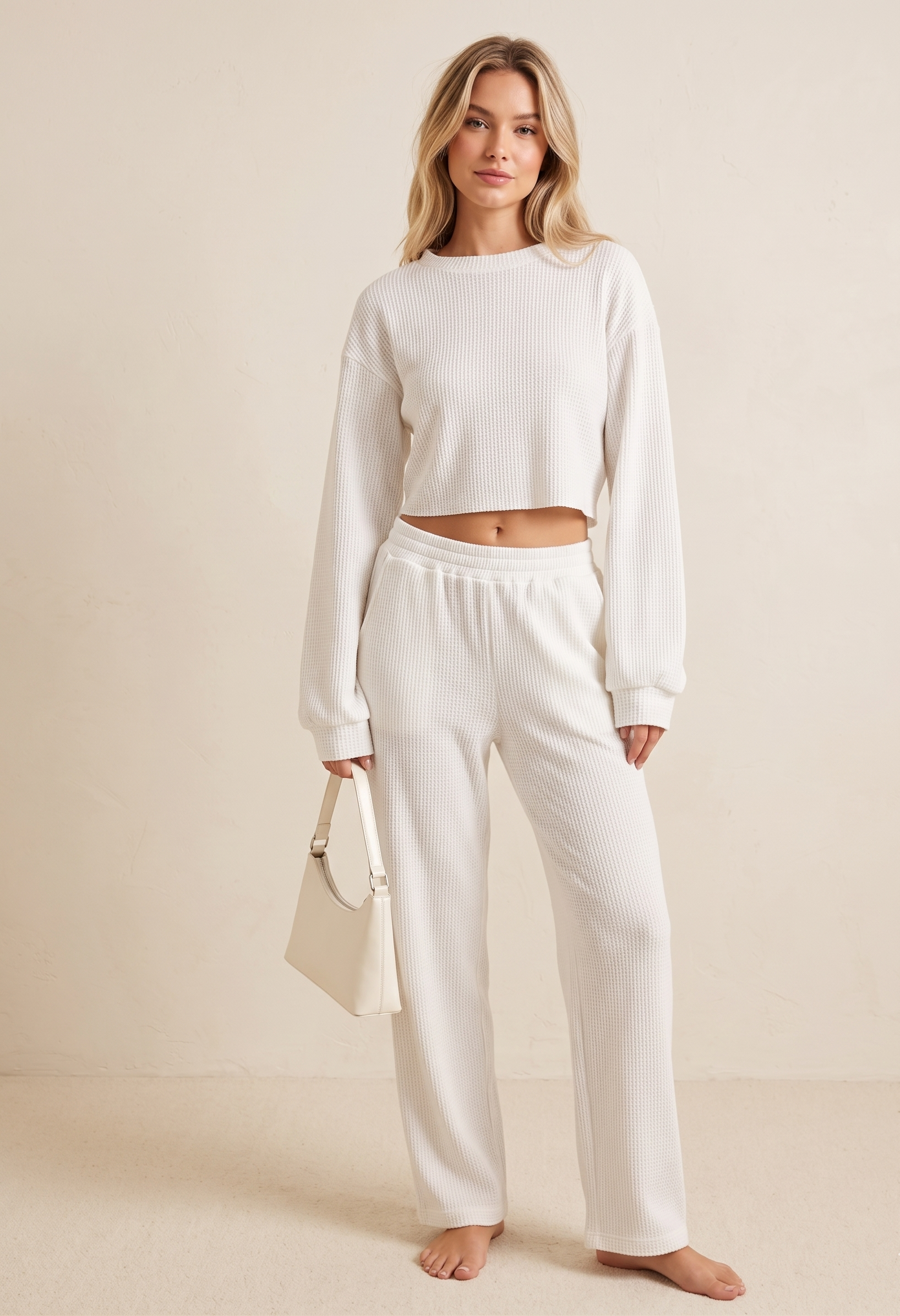 Feletin Luxe Waffle-Knit Round Neck Top & Pants Set
