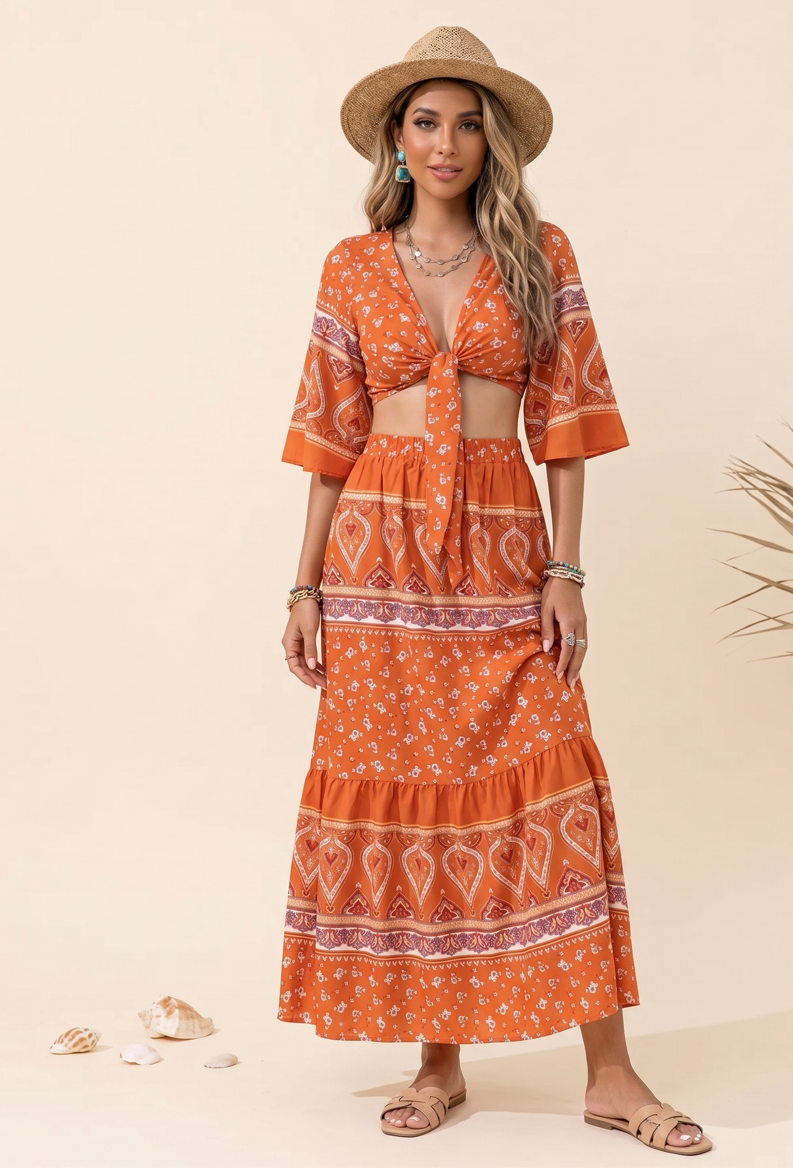 Feletin Luxe Printed Plunge-Neck Half-Sleeve Tied Top & Skirt Two-Piece Set in Orange | Sizes S–XL