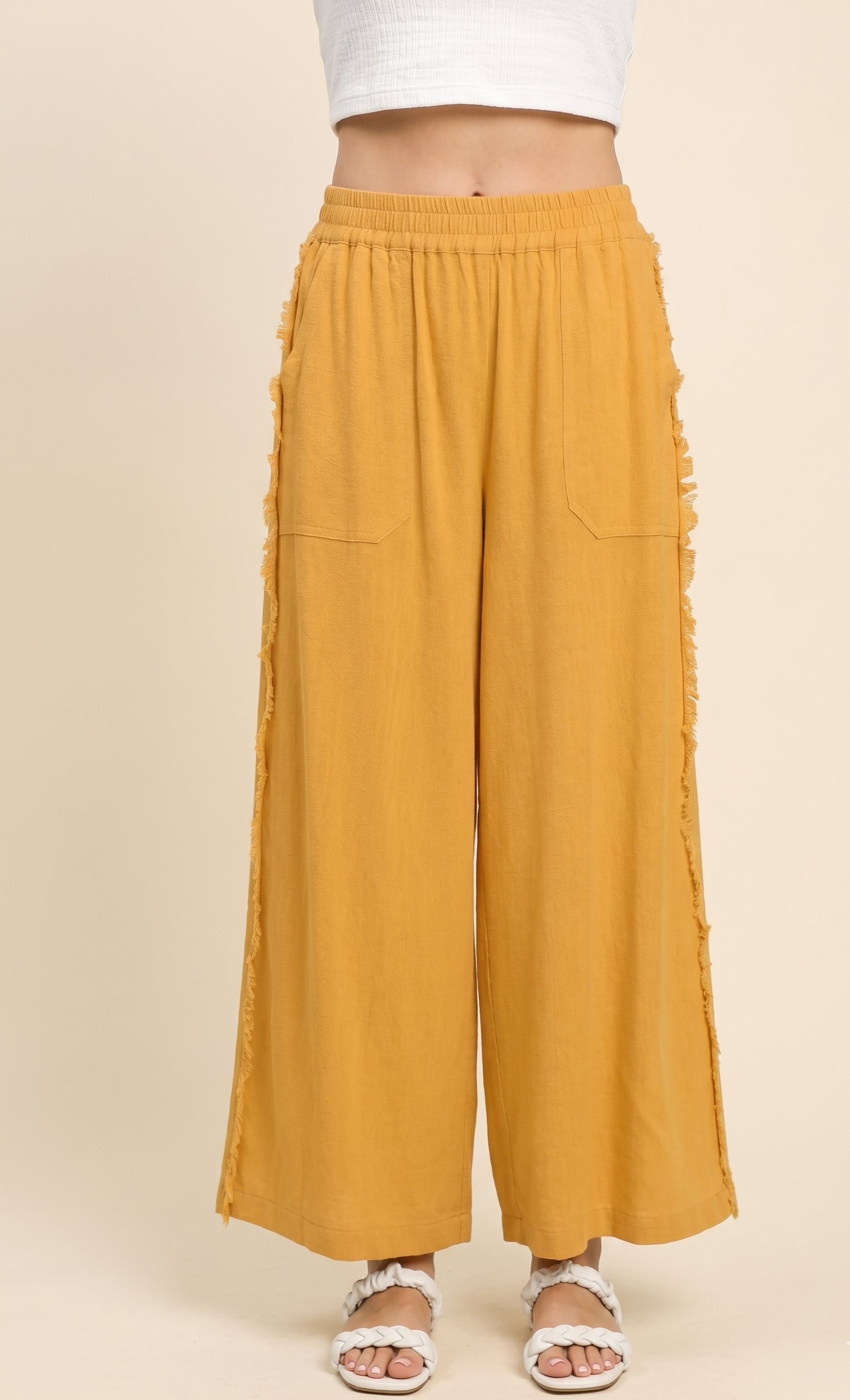 Feletin Linen Soleil Frayed Trim Wide Leg Pants