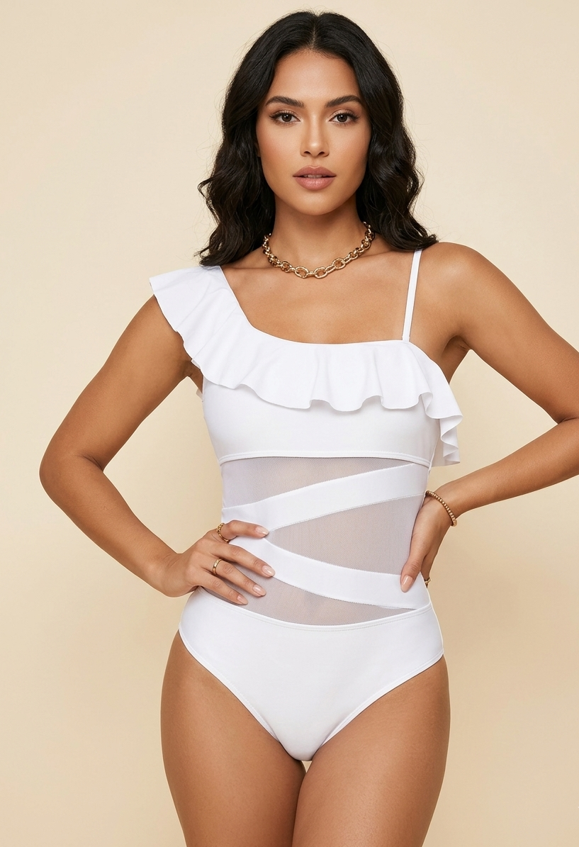 Feletin Luxe Asymmetrical Ruffle One-Piece Swimsuit in White