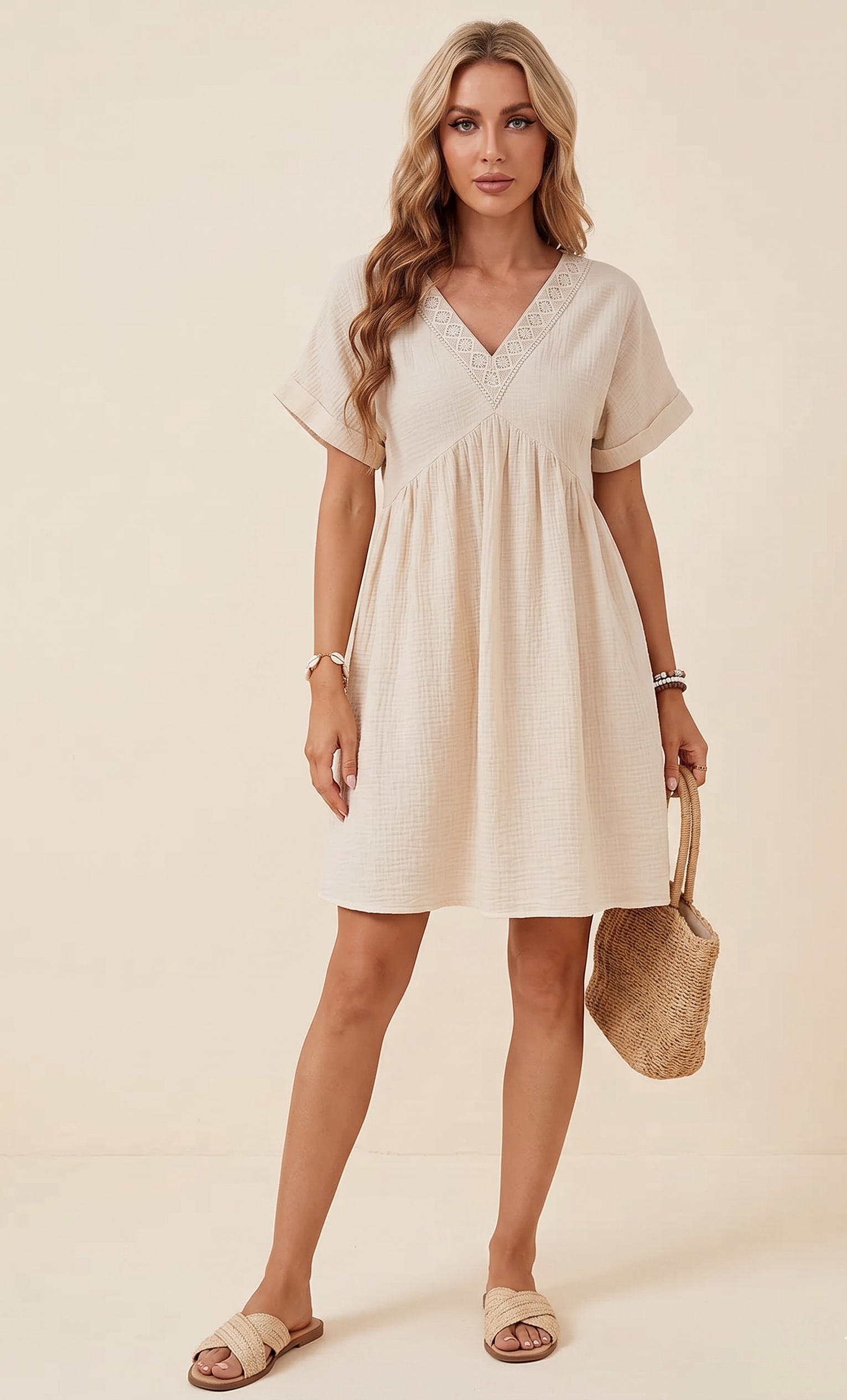 Feletin Luxe 100% Cotton V-Neck Short-Sleeve Dress in Cream | Sizes S–XL