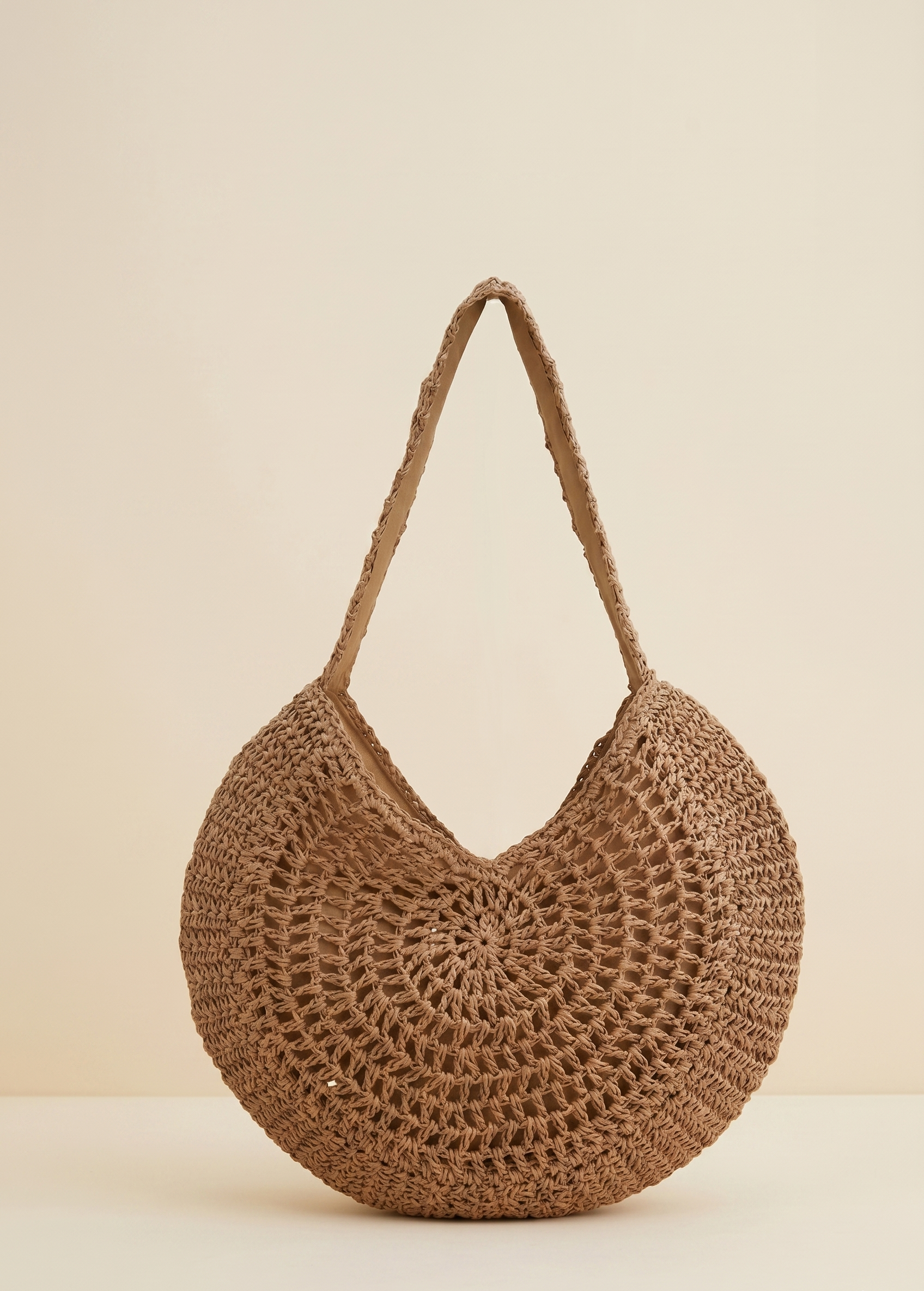 Feletin Luxe Round Artisan Paper-Weave Peach Velvet Shoulder Bag | Khaki & Off-White | One Size