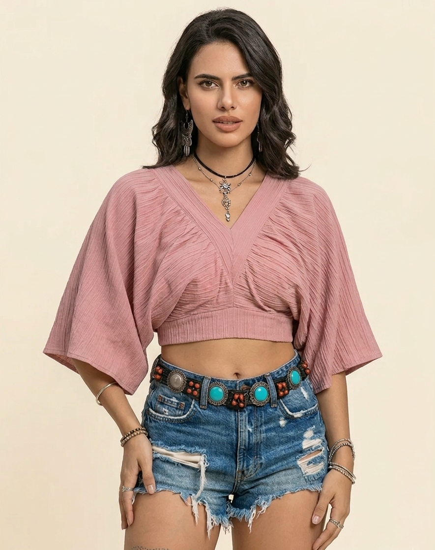 Feletin Luxe Ruched Textured V-Neck Crop Top | Dusty Pink | Sizes S–XL