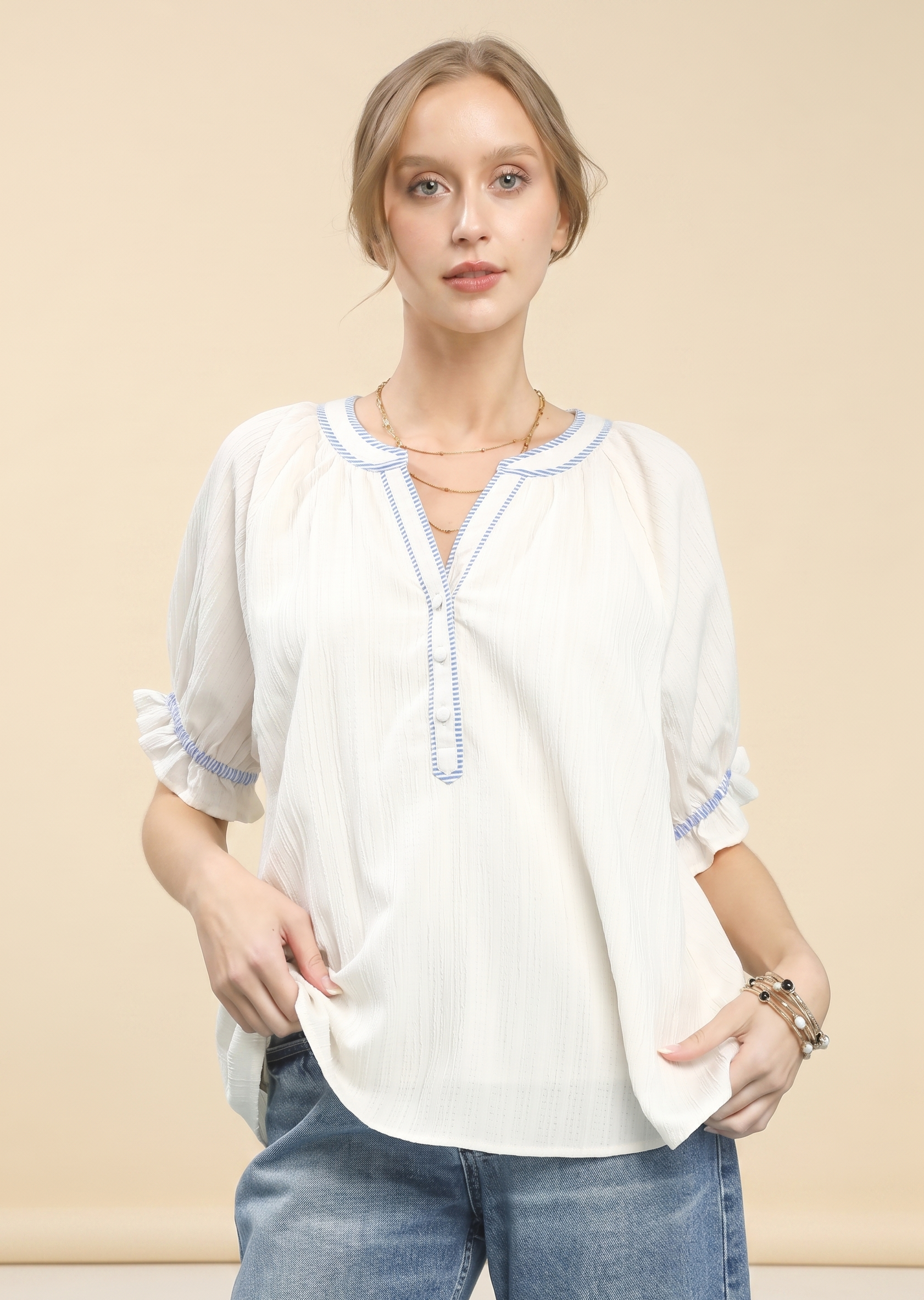 Feletin Luxe Textured Buttoned Split-Neck Puff-Sleeve Top | Cream | Sizes S–L