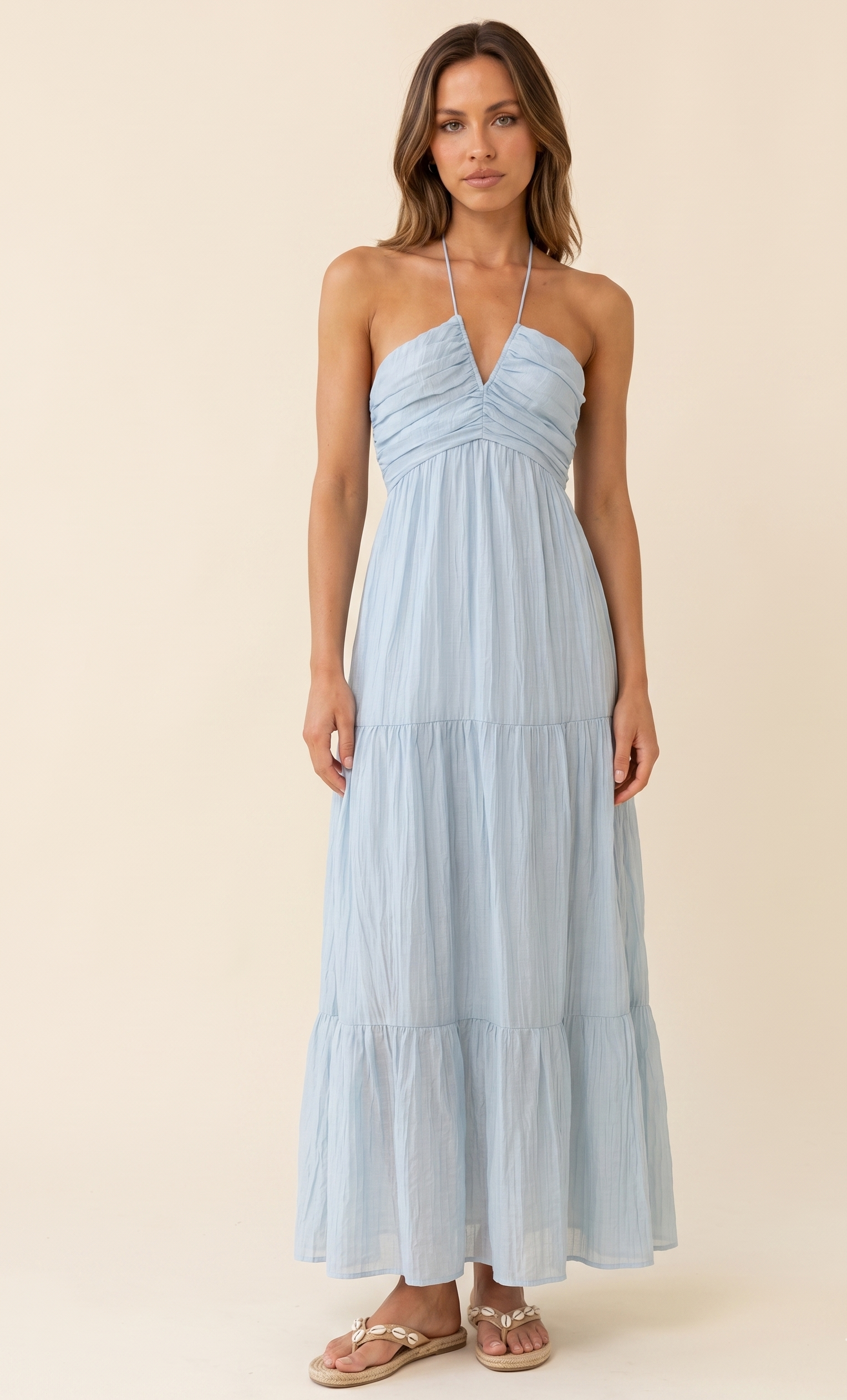Feletin Luxe Smocked-Back Tie-Waist Cami Midi Dress in Light Blue