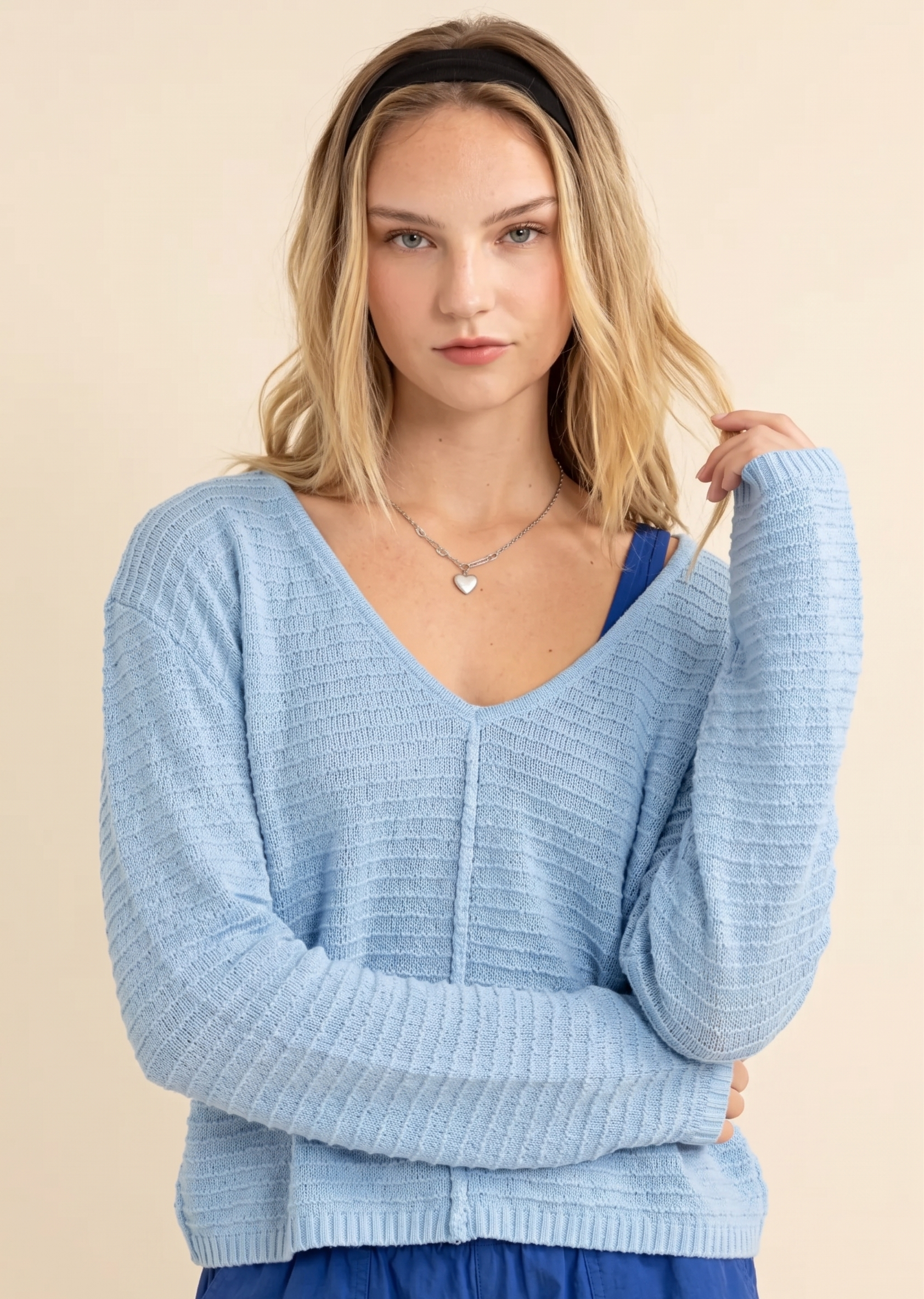 Feletin Luxe Stripe-Texture V-Neck Long-Sleeve Top in Baby Blue