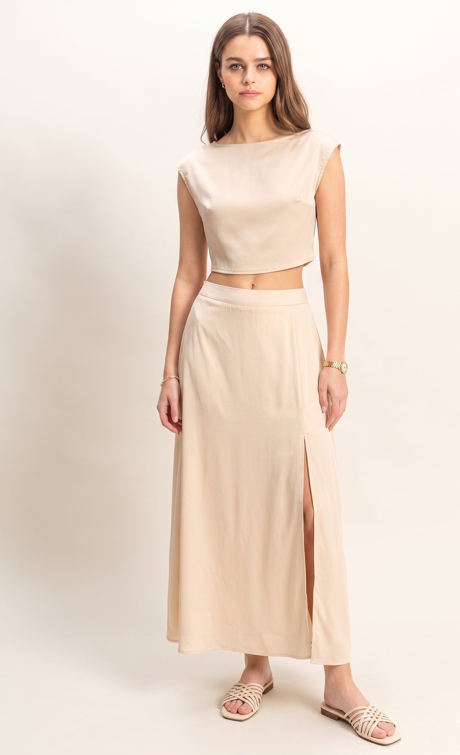Feletin Luxe Sleeveless Top & Maxi Skirt Two-Piece Coordinating Set in Champagne | Sizes S–L