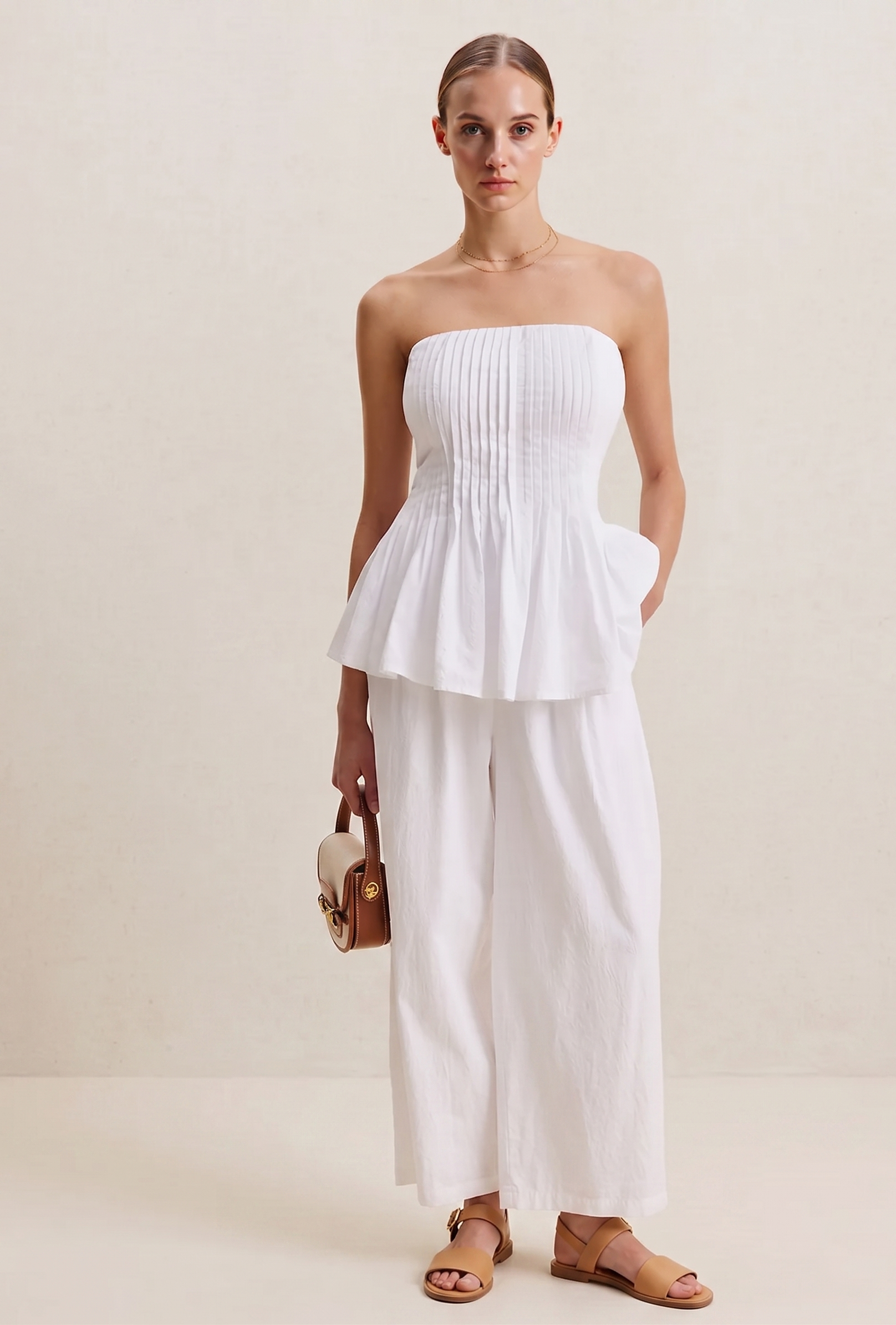 The Peplum Set — Strapless Pleated Top & Wide-Leg Pants