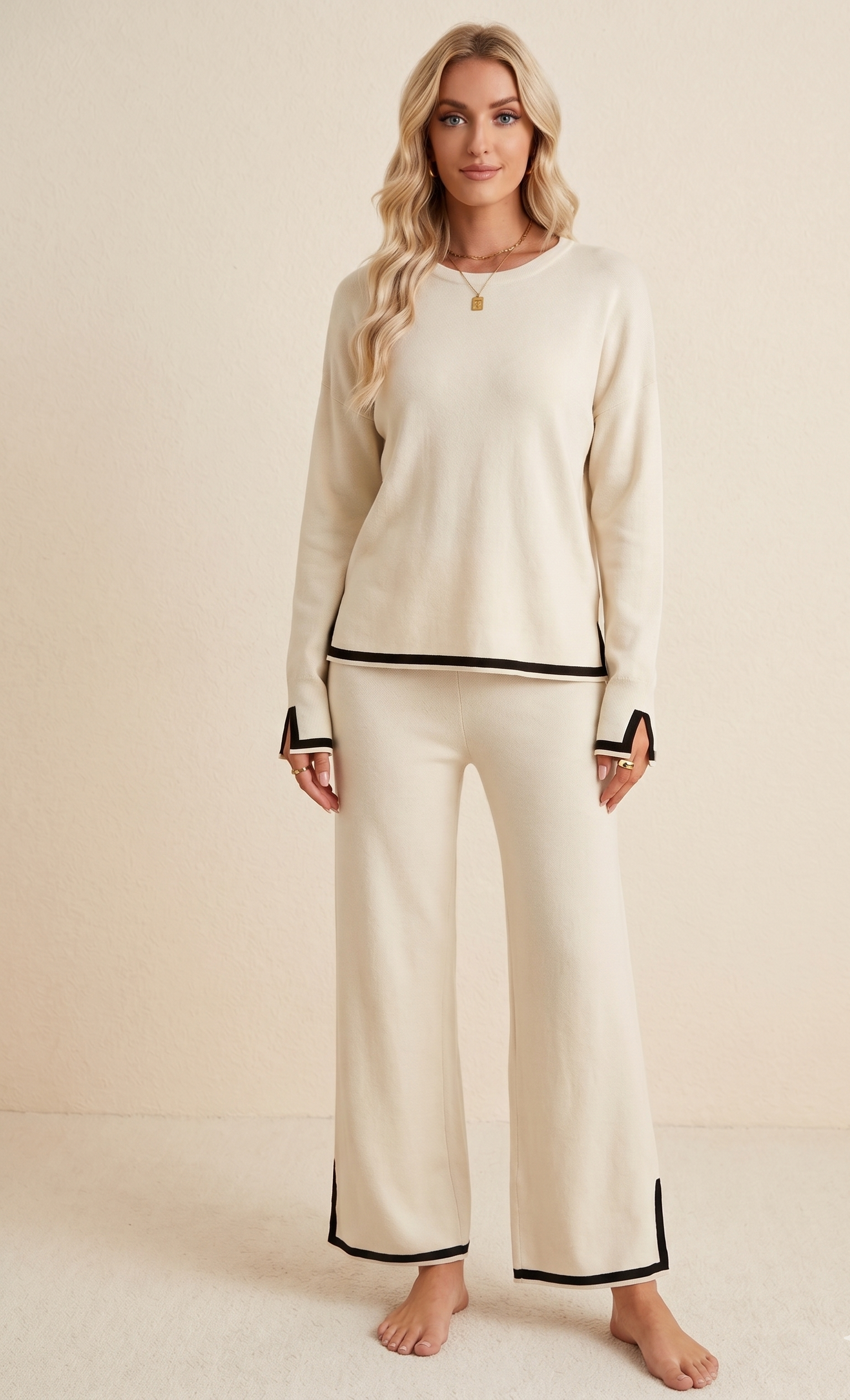 Feletin Luxe Contrast Trim Round Neck Sweater Top & Pants Set