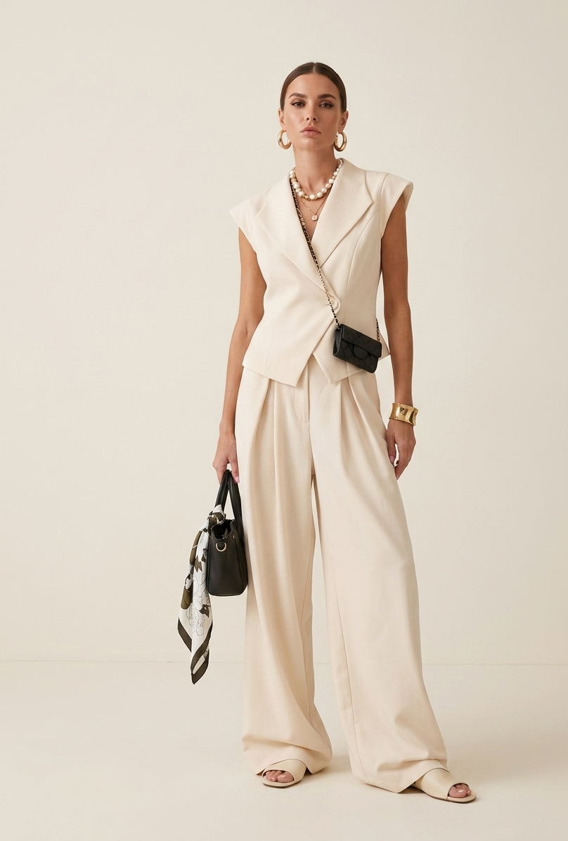 Feletin Luxe Pocketed One-Button Blazer & Wide-Leg Pants Two-Piece Set | Cream | Sizes S–L