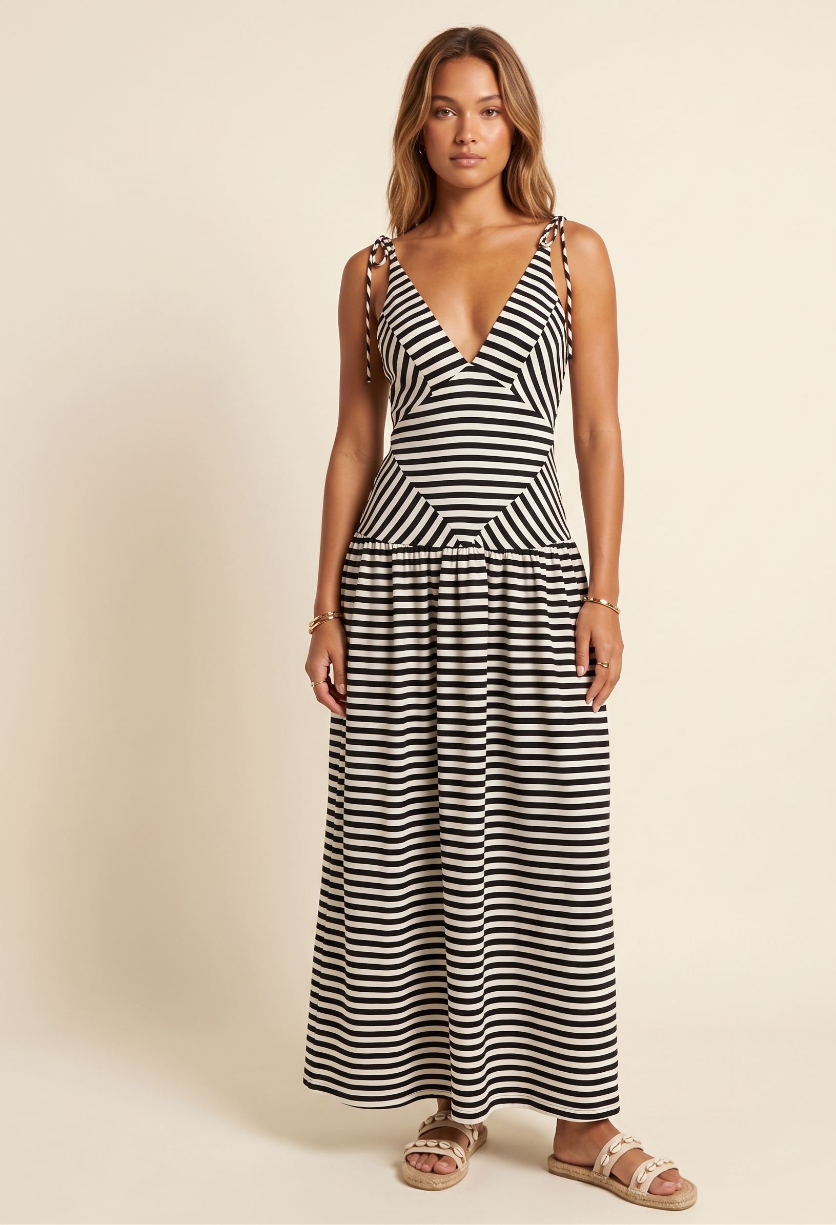 Feletin Luxe Striped V-Neck Tie-Shoulder Maxi Dress in Black
