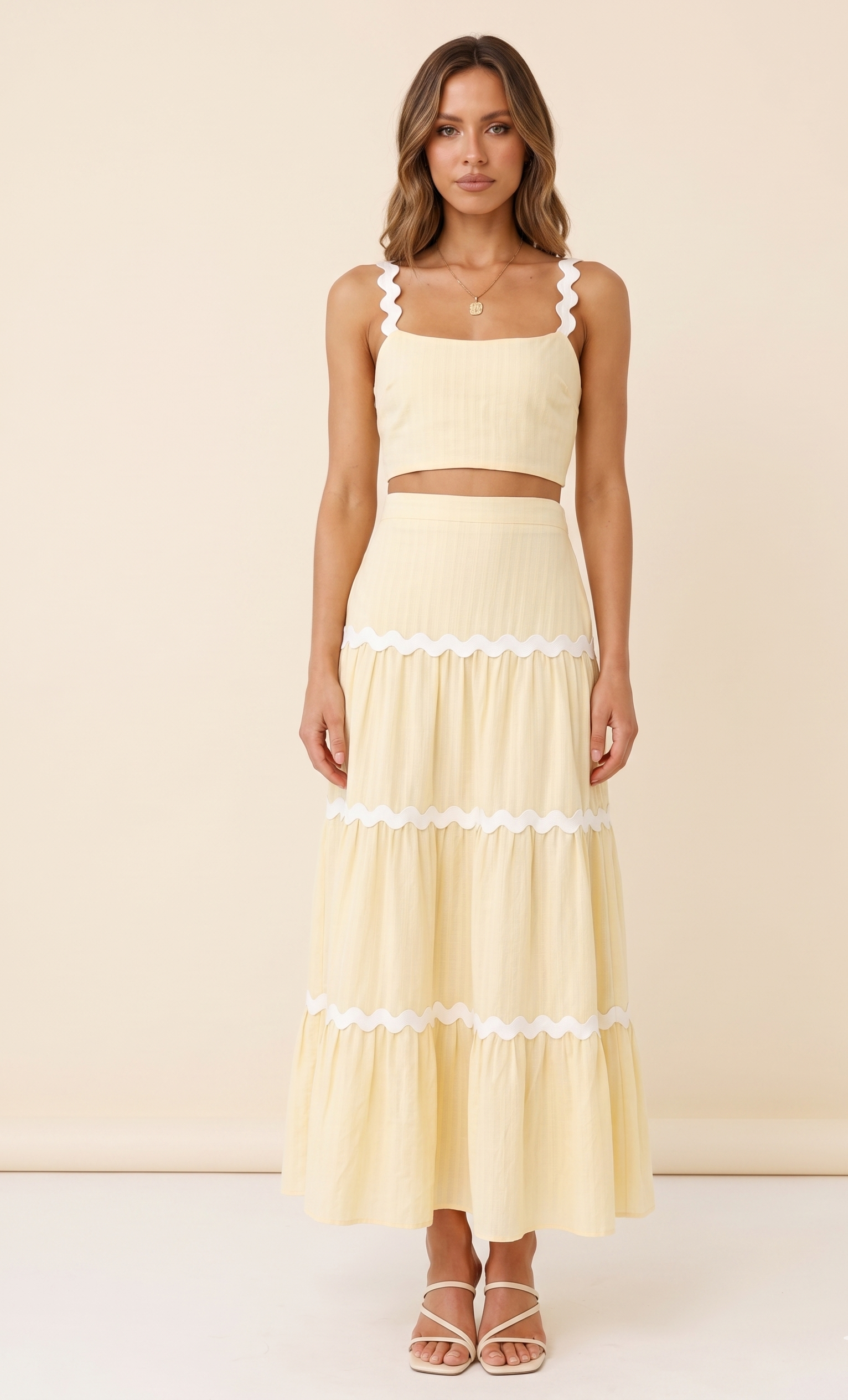 Feletin Luxe Contrast-Trim Ruched Cami & Maxi Skirt Two-Piece Set | Pastel Yellow | Sizes S–XL