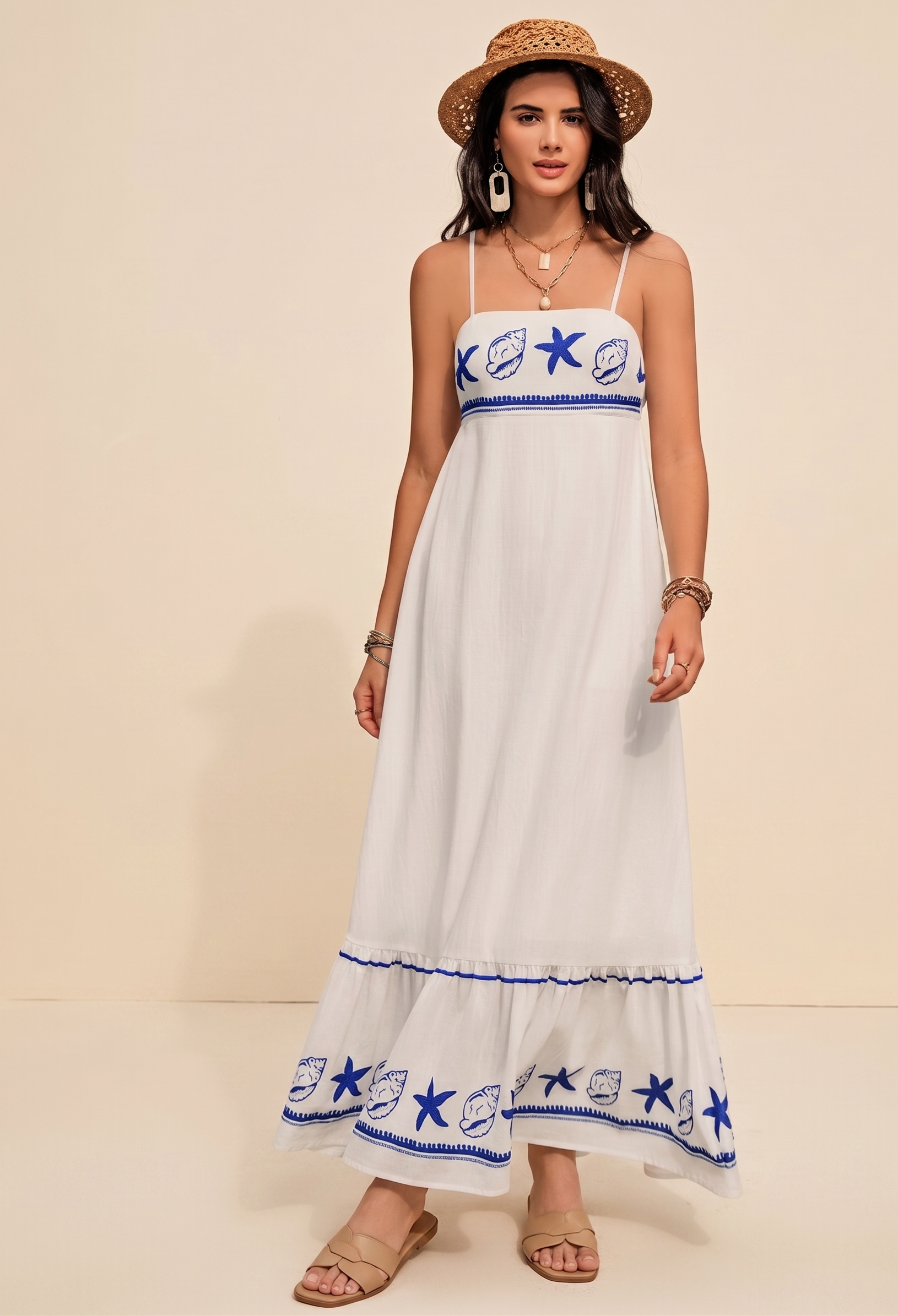Ruched Printed Square Neck Maxi Cami Dress in White