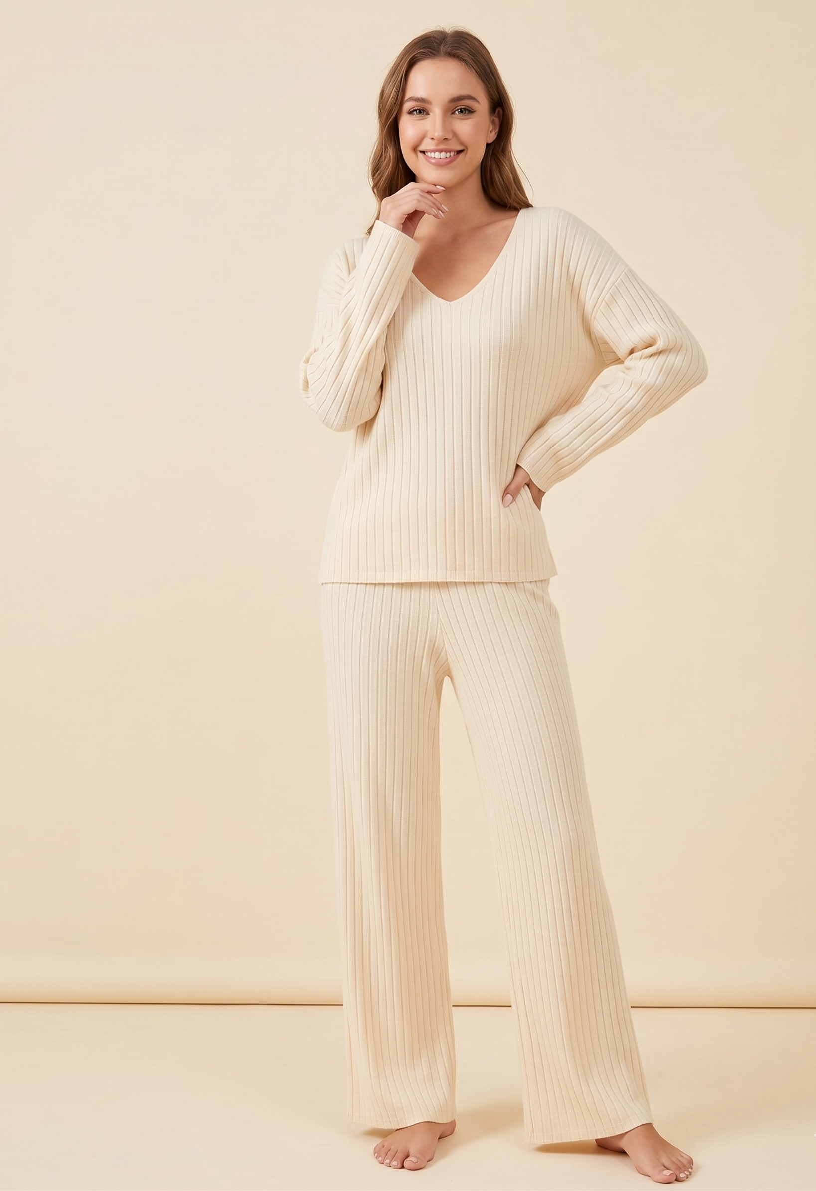 Feletin Luxe Ribbed Knit V-Neck Lounge Top & Pants Set