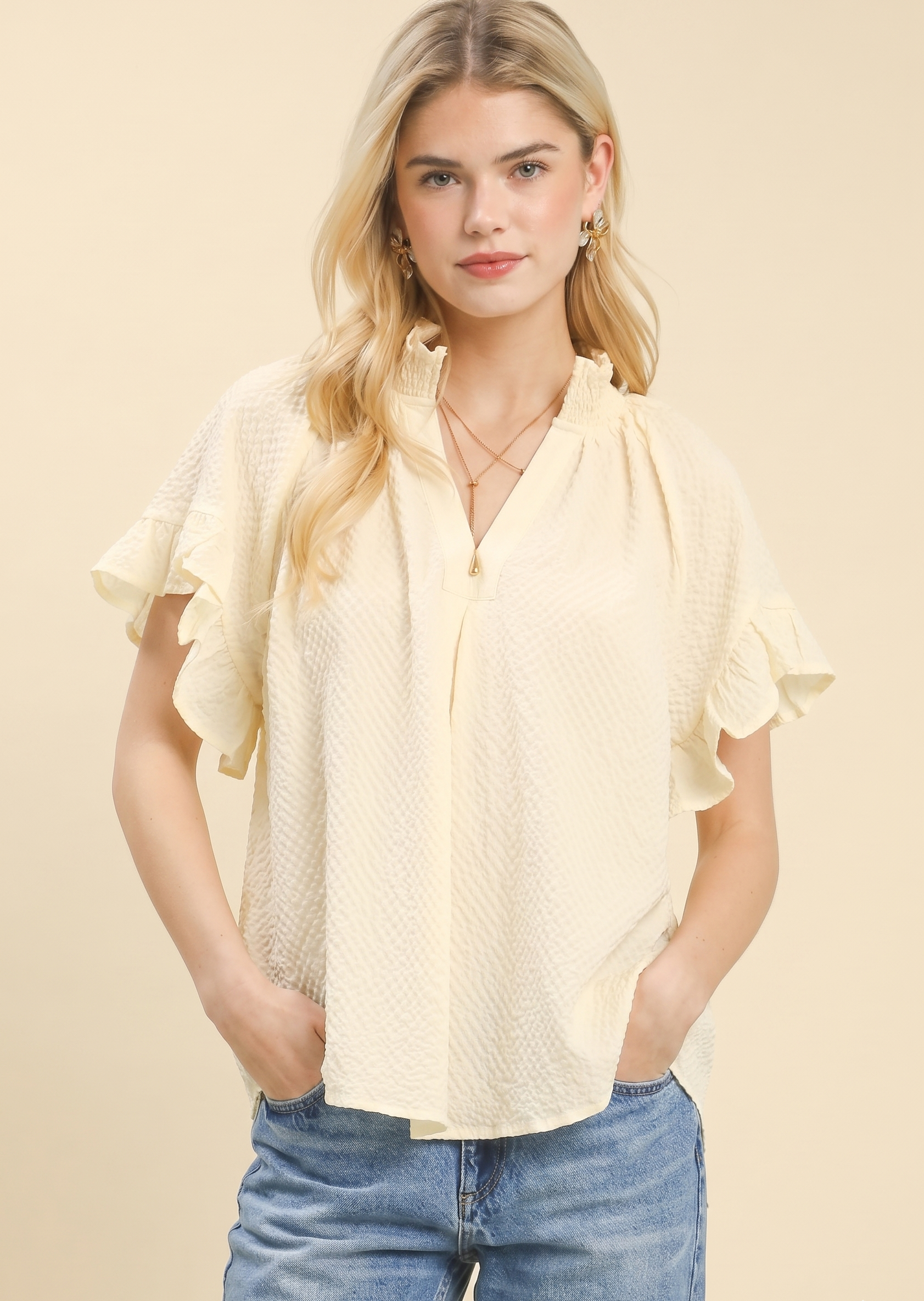 Feletin Luxe Textured Ruffle-Sleeve Blouse | Cream | Sizes S–L