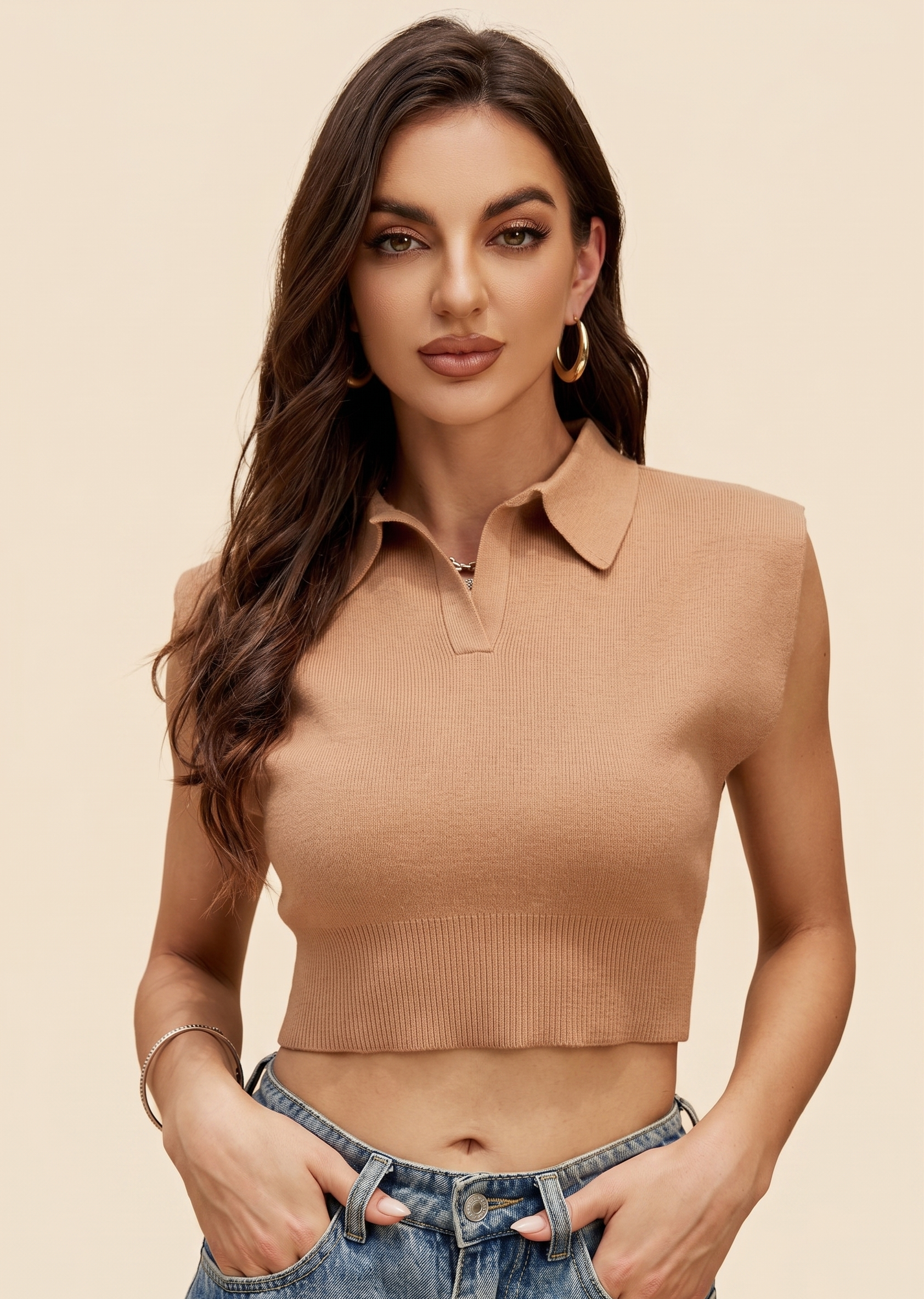 Feletin Luxe Johnny-Collar Sleeveless Knit Top in Camel, Green & Gray 1