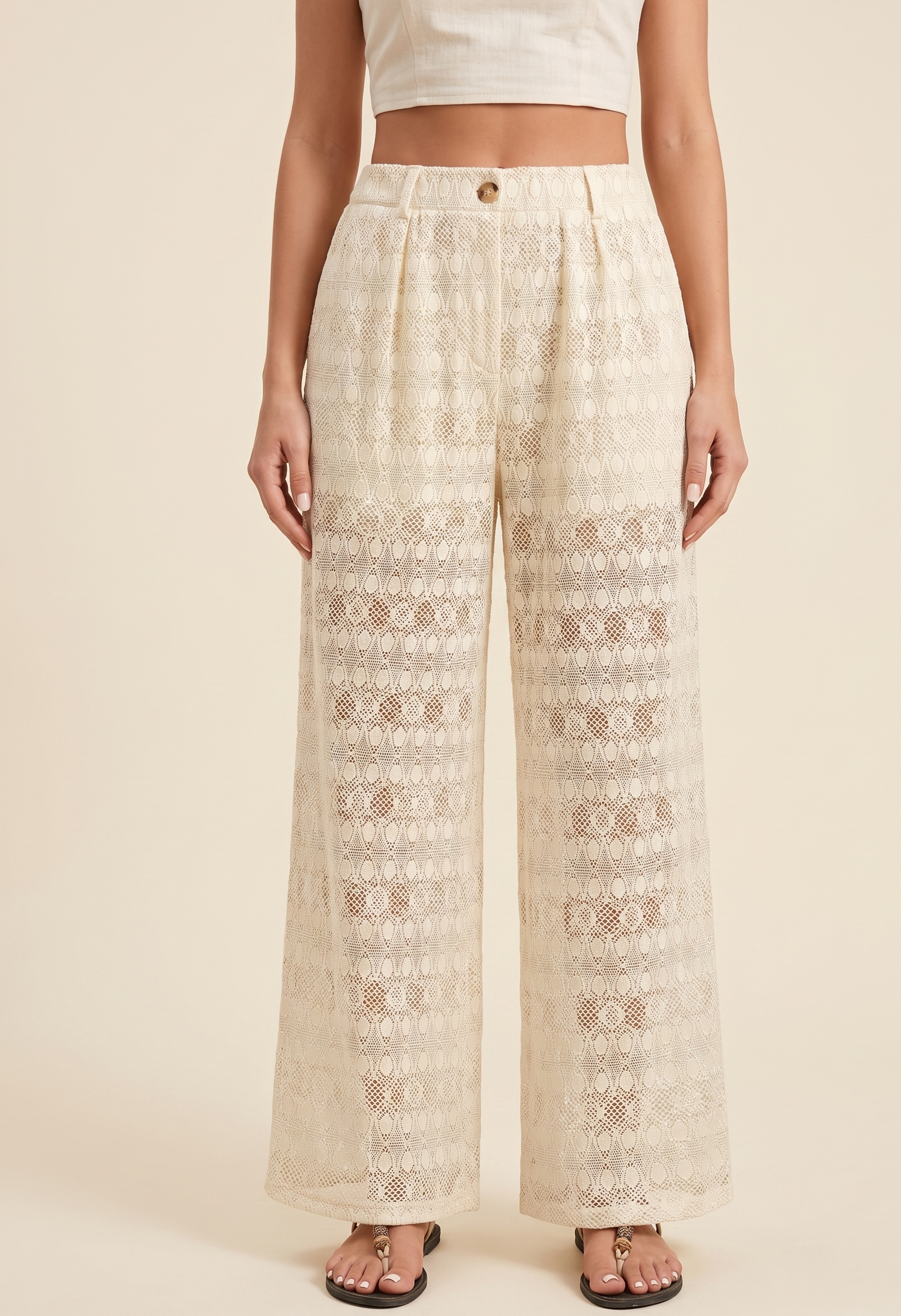 Feletin Linen-Look Decorative Button Wide Leg Pants