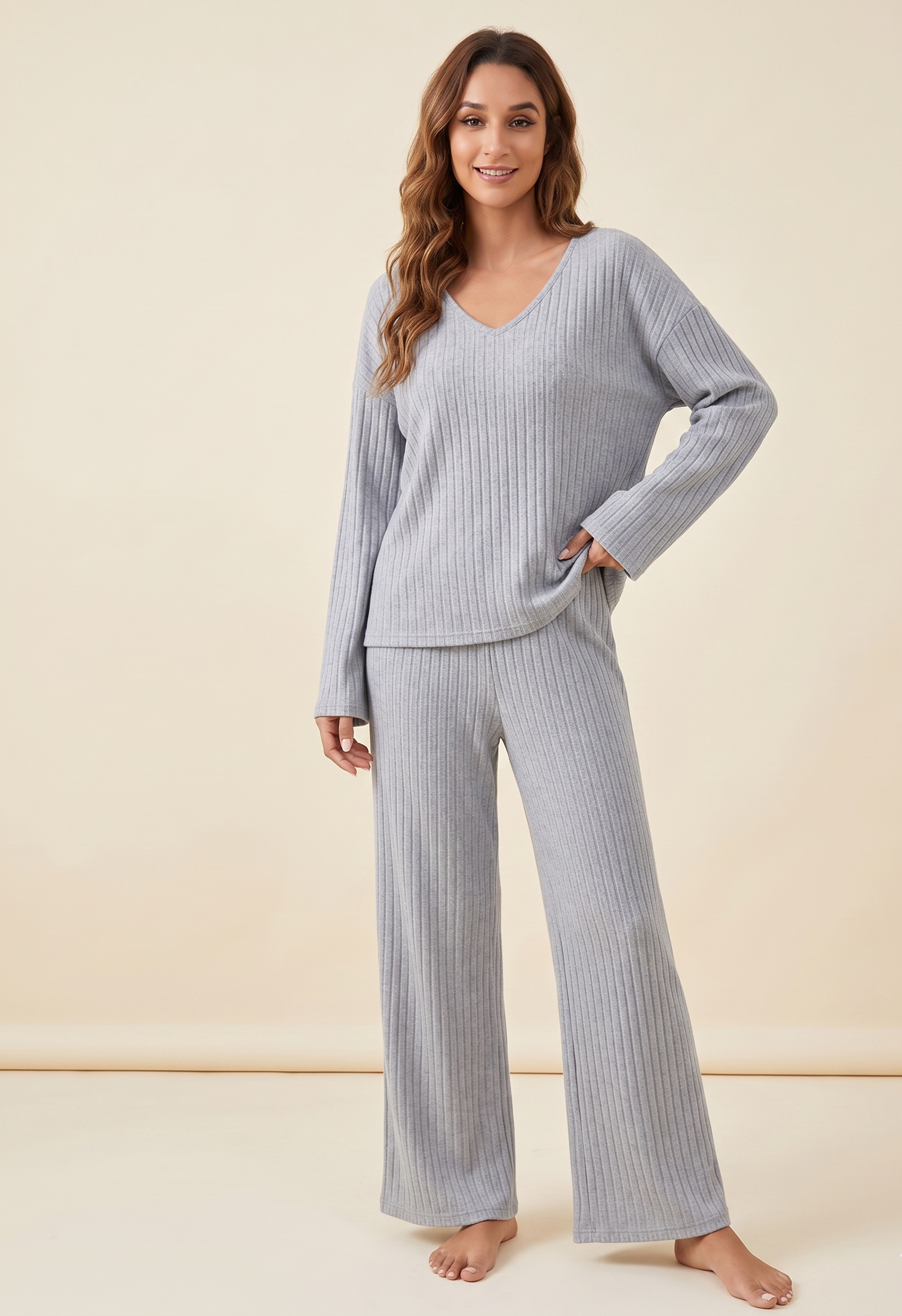 Feletin Luxe Ribbed V-Neck Cropped Top & Wide Leg Pants Set
