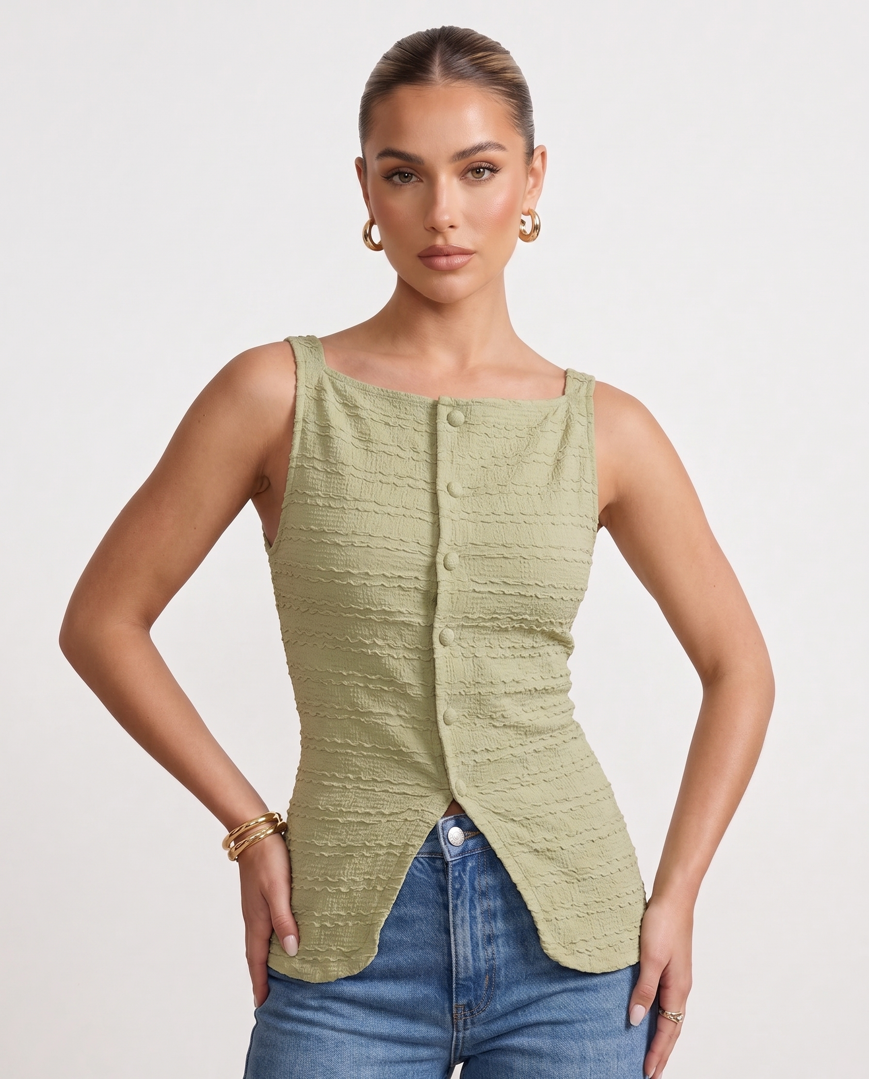 Ruched Button-Front Textured Tank Top
