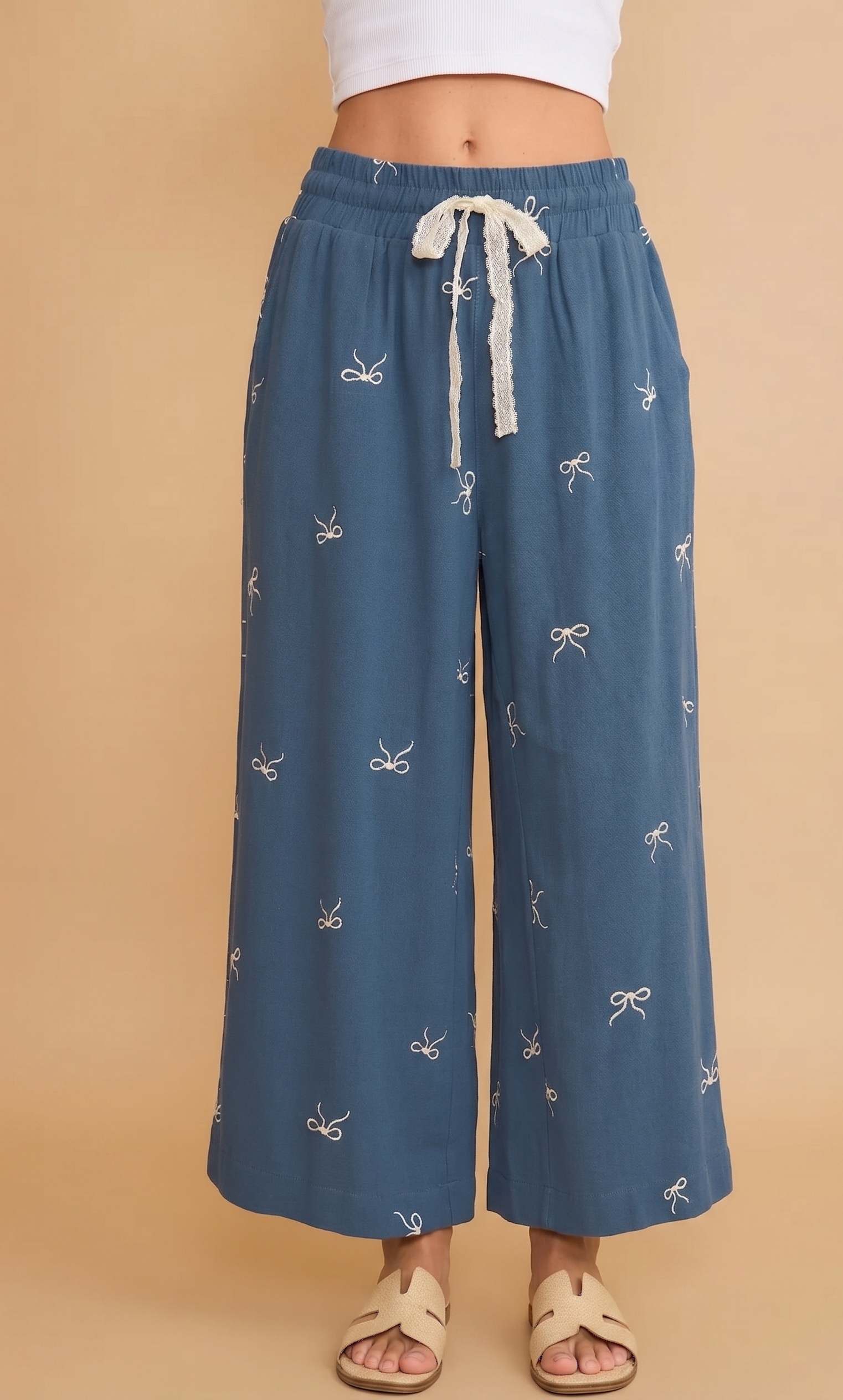 Feletin Linen Dentelle Lace Drawstring Embroidered Bow Wide Leg Pants