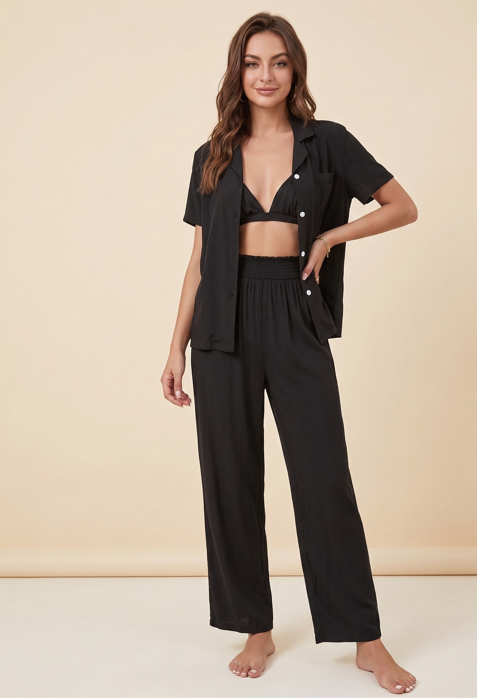 Feletin Luxe Viscose Lapel Collar Shirt, Bralette & Wide Leg Pants 3-Piece Set