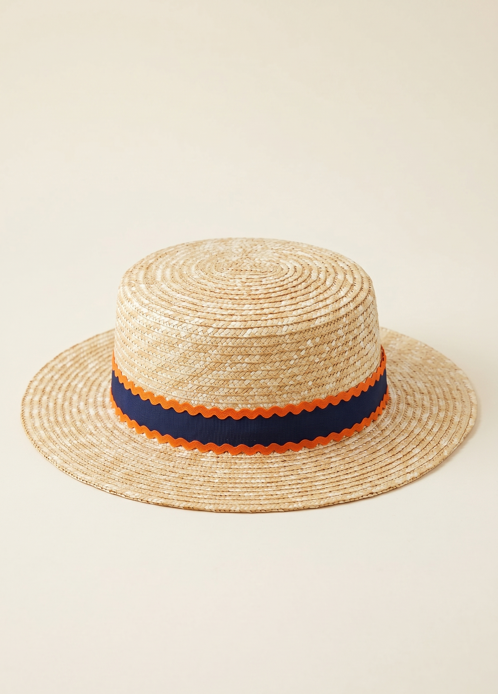 Feletin Luxe Decorative-Band Straw Woven Boater Hat | Navy, Blue & Orange-Red | One Size