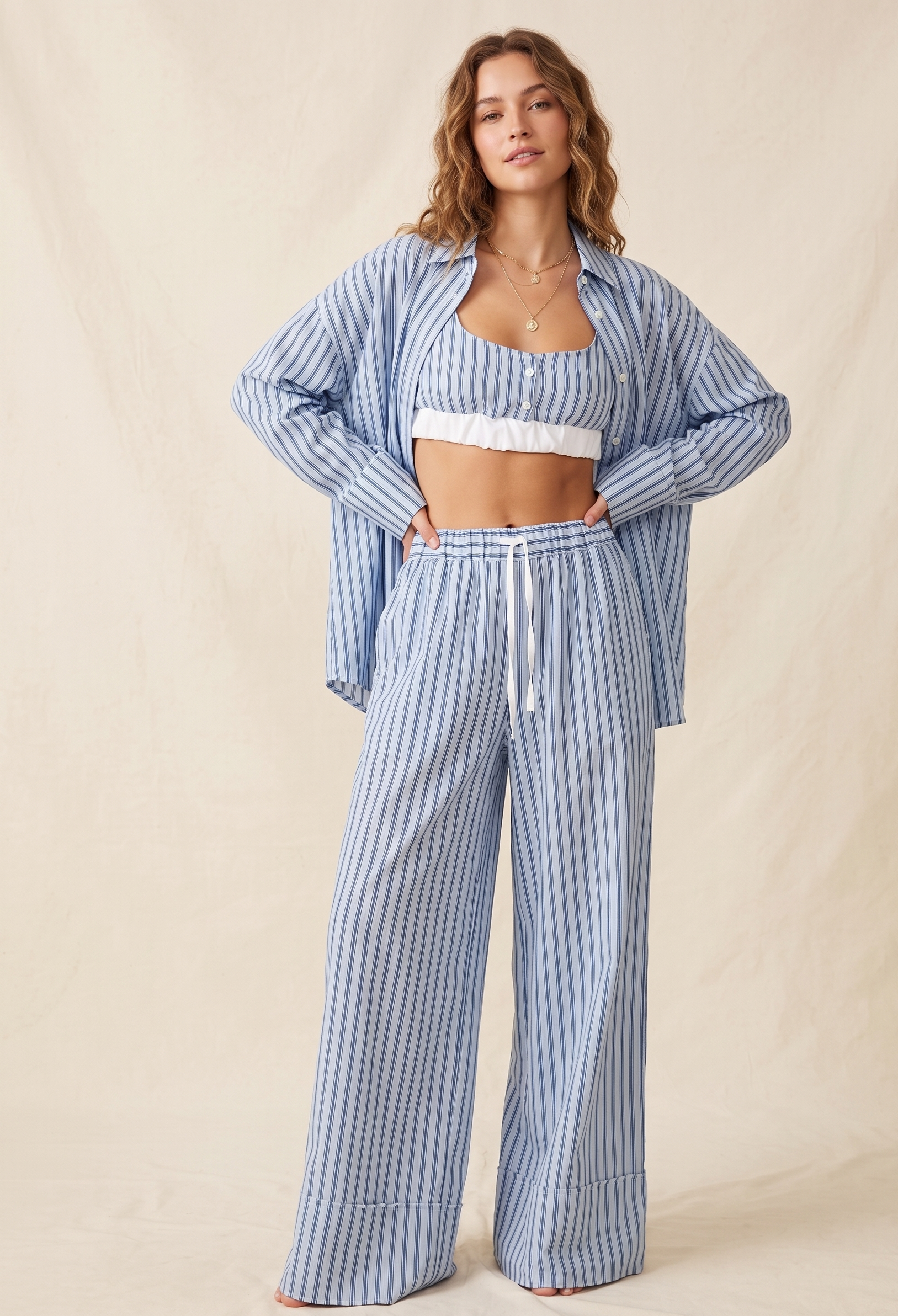 Feletin Luxe Striped Cami, Button Shirt & Drawstring Pants 3-Piece Set