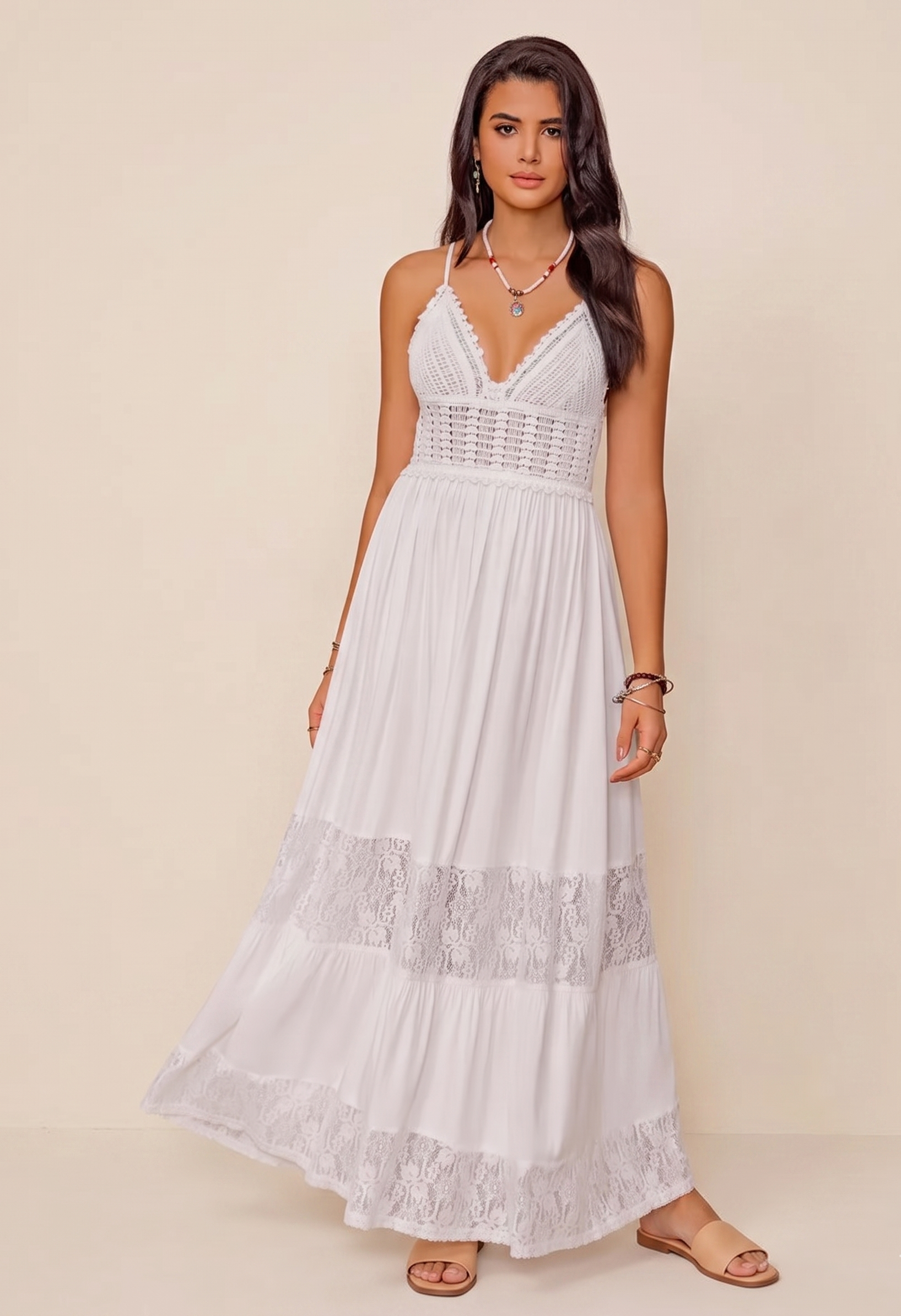 Ruched Lace Detail Openwork Tiered Maxi Cami Dress in White