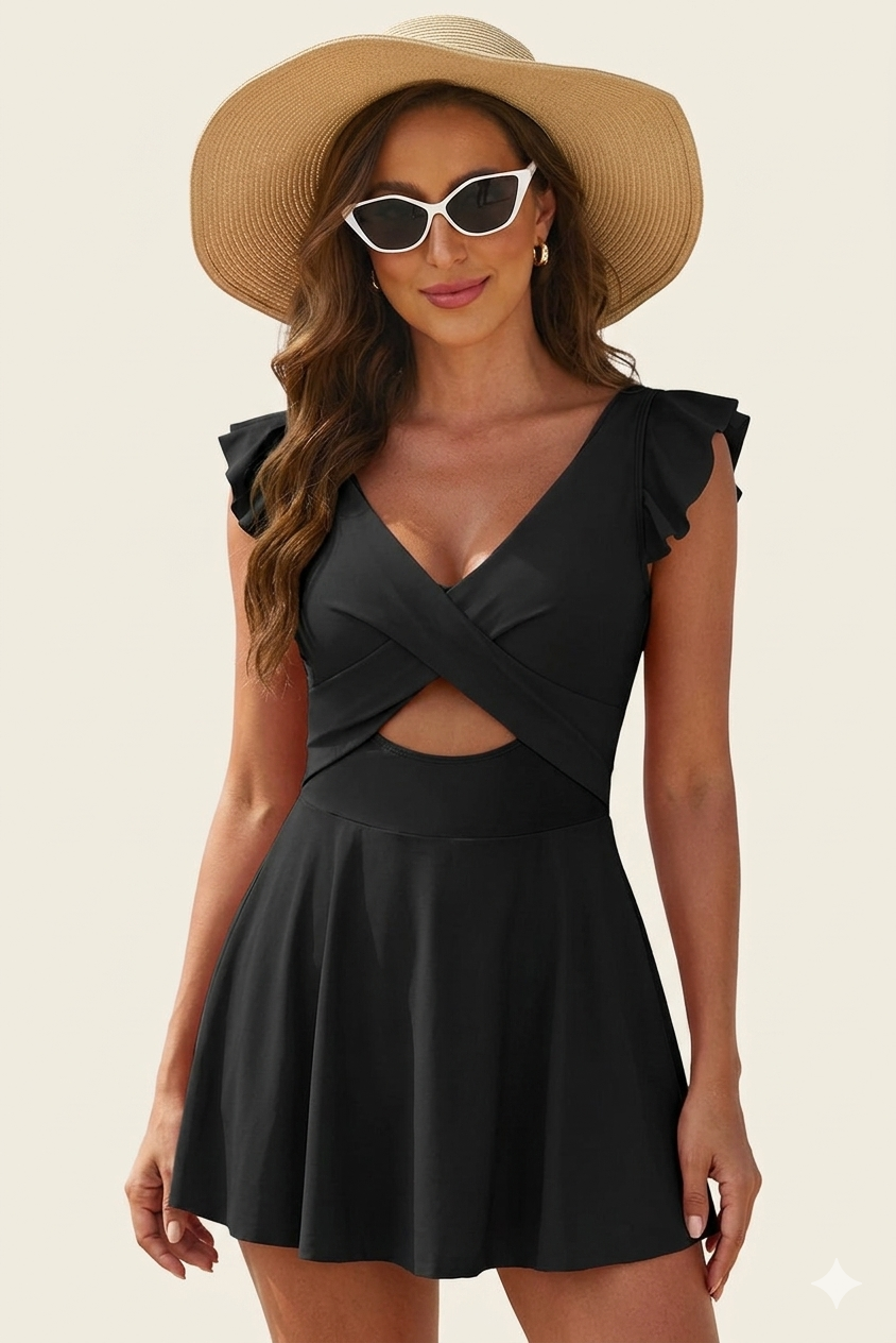 Feletin Luxe Cutout Backless V-Neck Cap-Sleeve One-Piece Swimsuit in Black & Pink