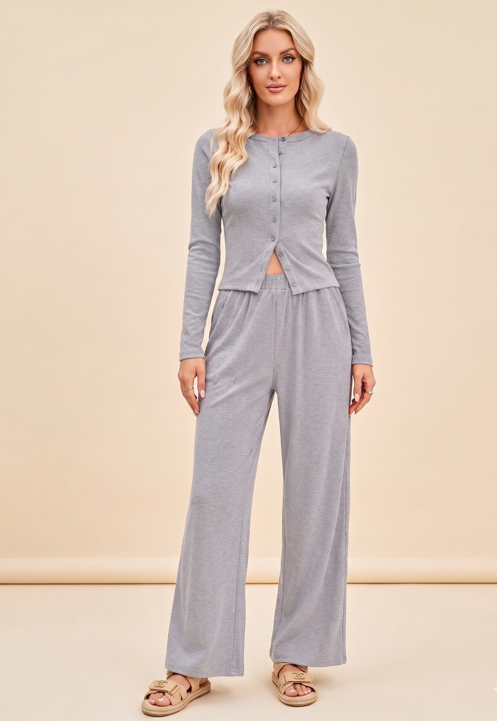Feletin Luxe Button-Up Top & Wide Leg Pants Lounge Set