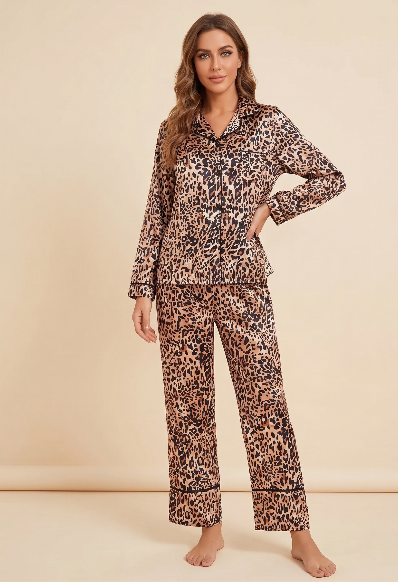 Feletin Luxe Leopard Print Pocketed Button-Up Long Sleeve Top & Pants Set