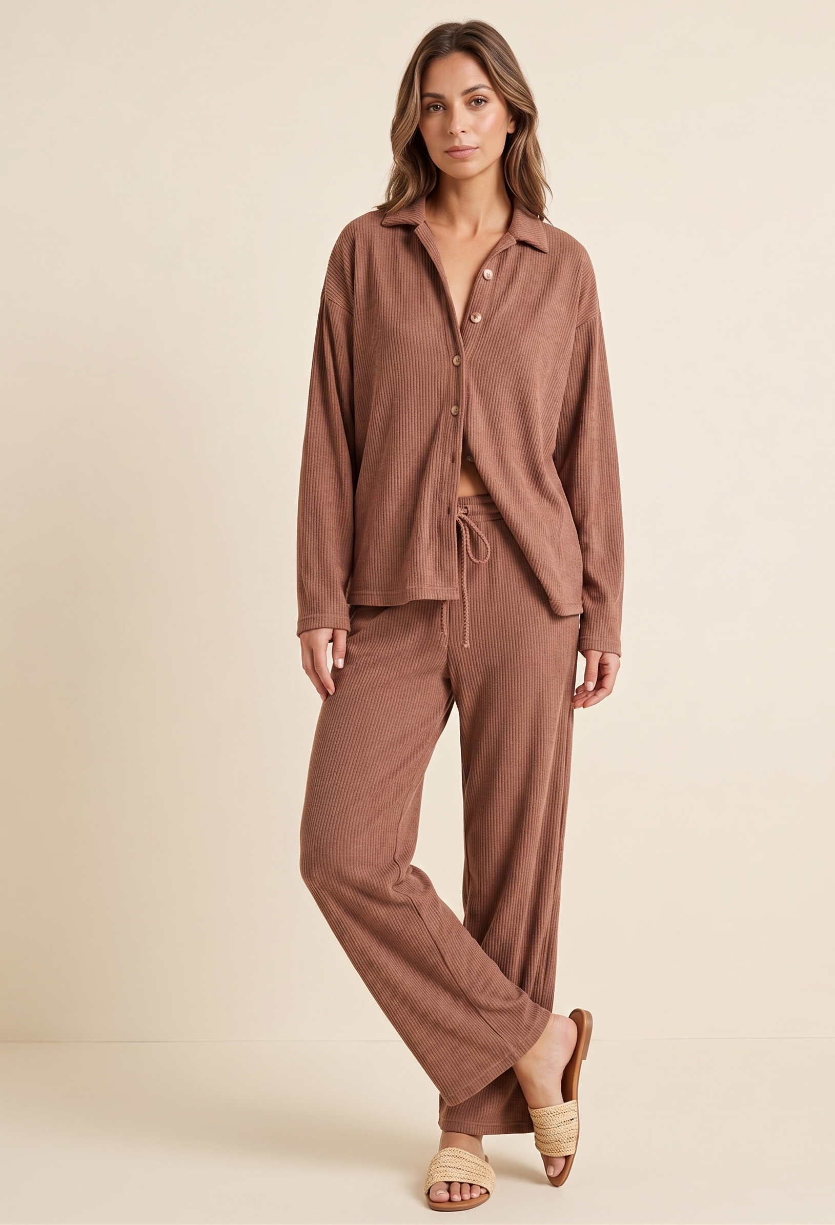 Feletin Luxe Buttoned Collared-Neck Drawstring Long-Sleeve Top & Pants Two-Piece Set | 4 Colours | Sizes XS–2XL