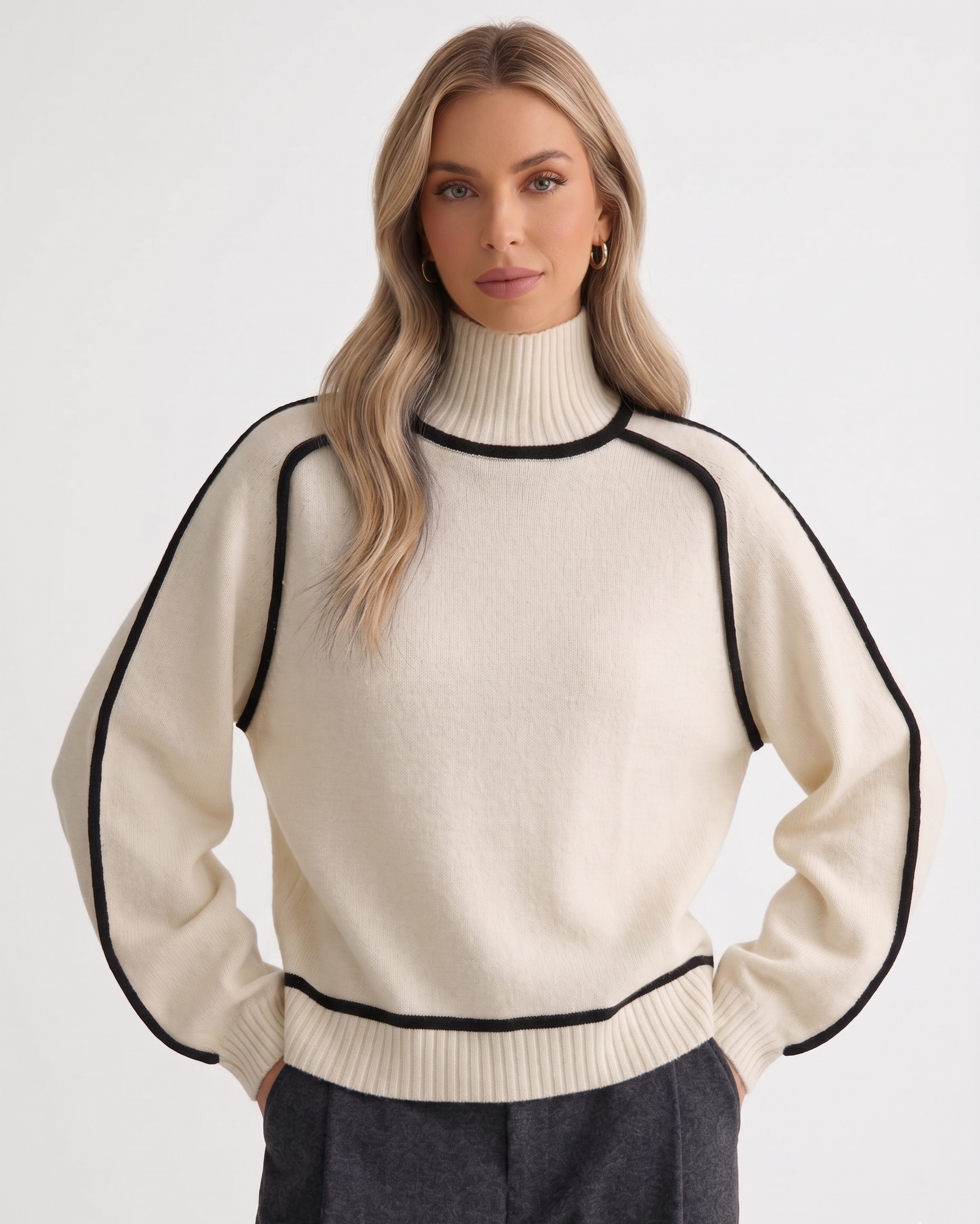Contrast-Trim Turtleneck Knit Sweater 1