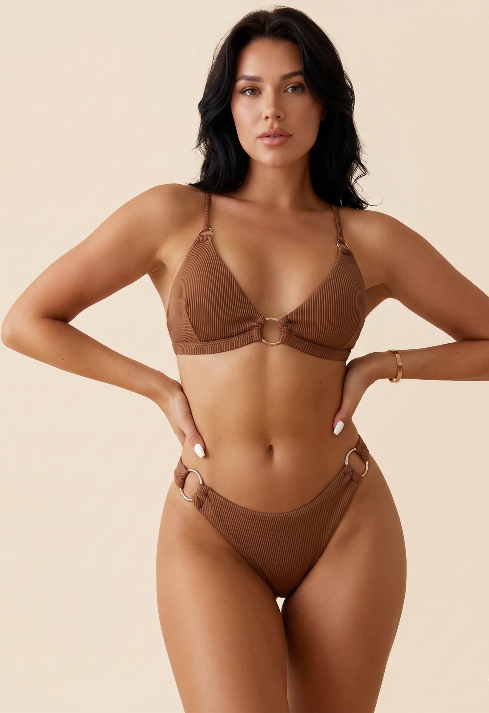 Feletin Luxe Plunge Spaghetti Strap Bikini Set in Brown
