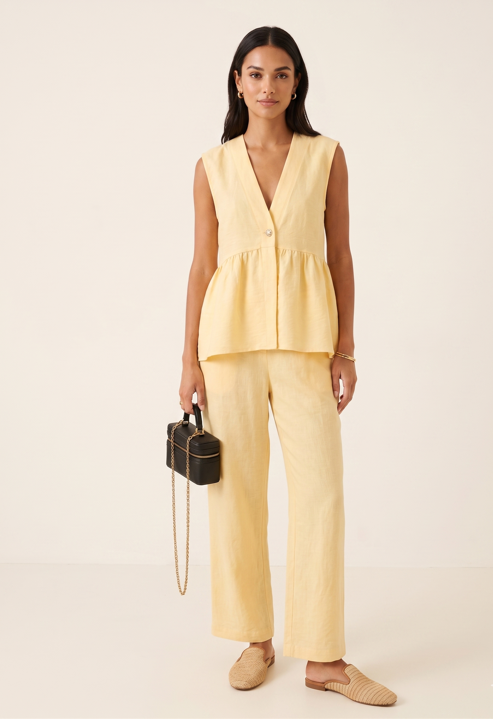 Feletin Luxe One-Button Sleeveless Top & Pants Two-Piece Set | Yellow | Sizes S–XL
