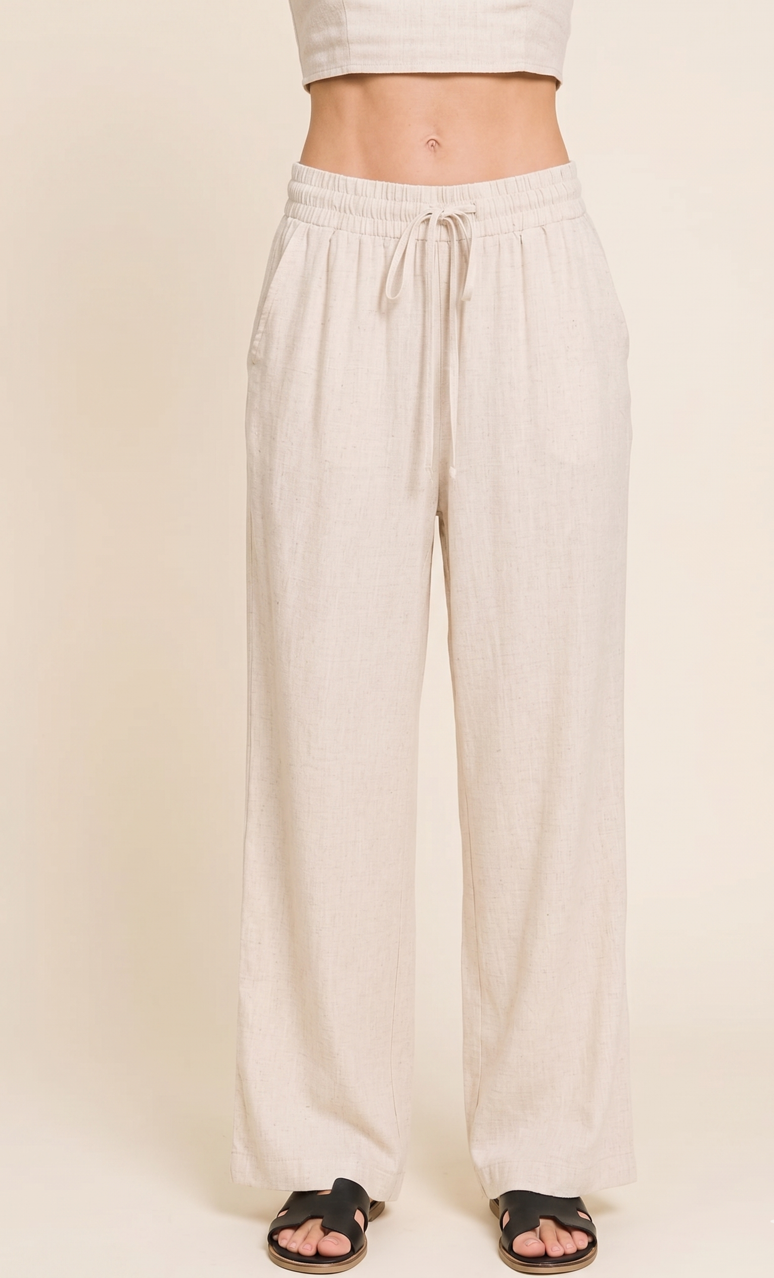 Feletin Linen Dune Drawstring Side Slit Wide Leg Pants