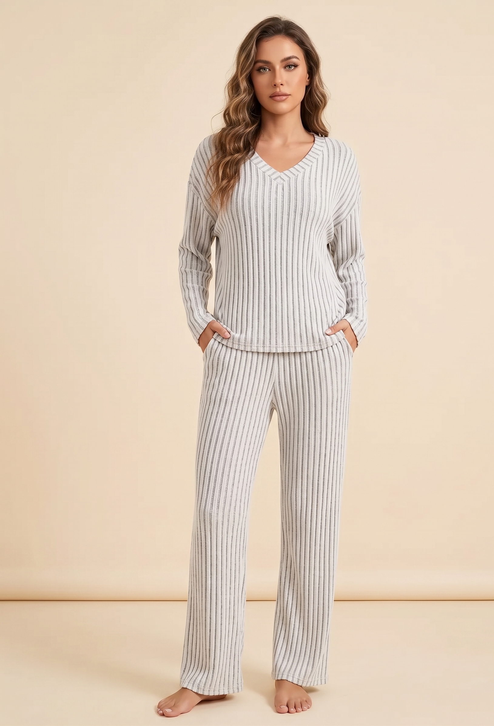 Feletin Luxe Ribbed Knit V-Neck Pocketed Top & Pants Set