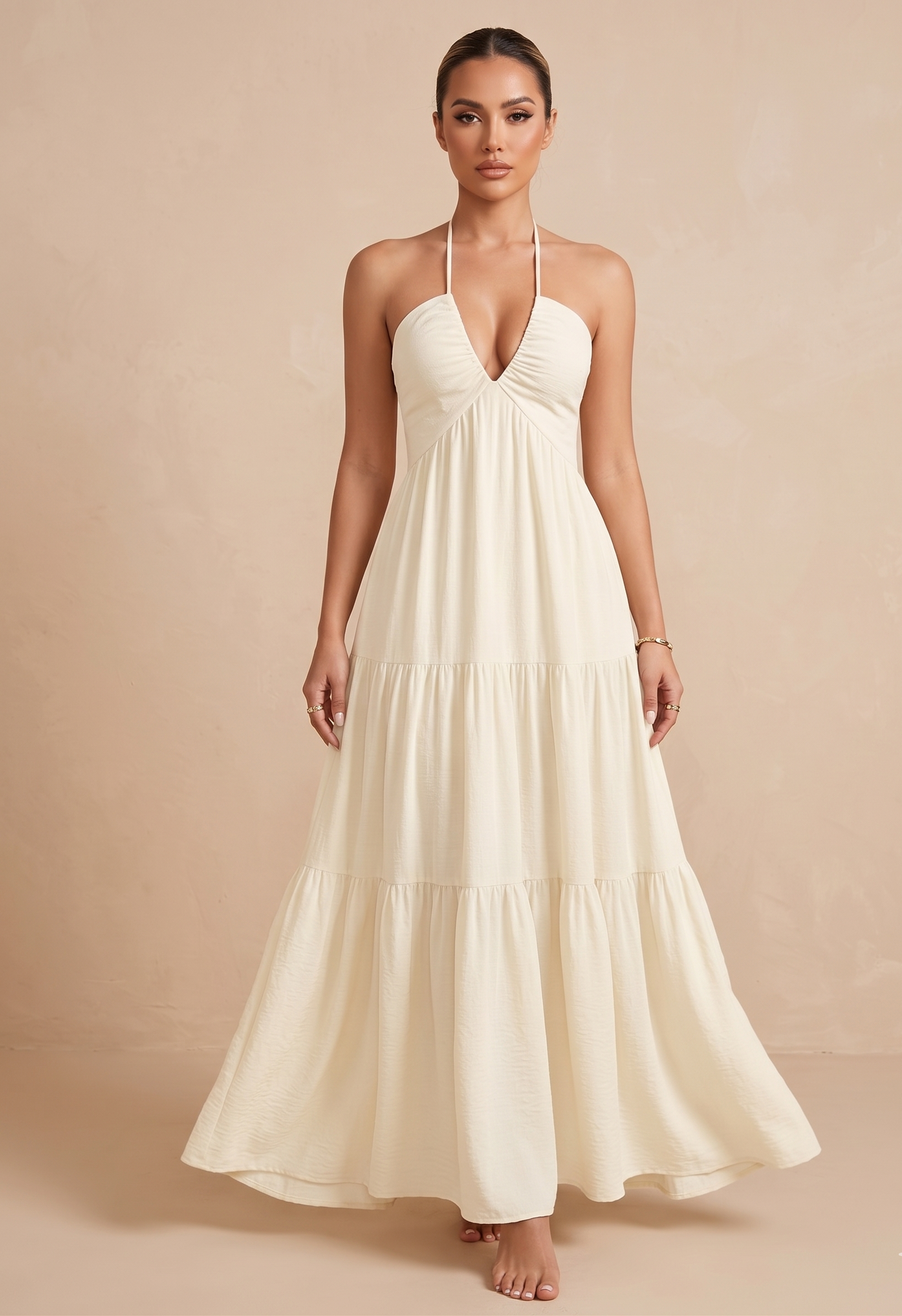 Bow-Tie Halter Backless Tiered Maxi Dress