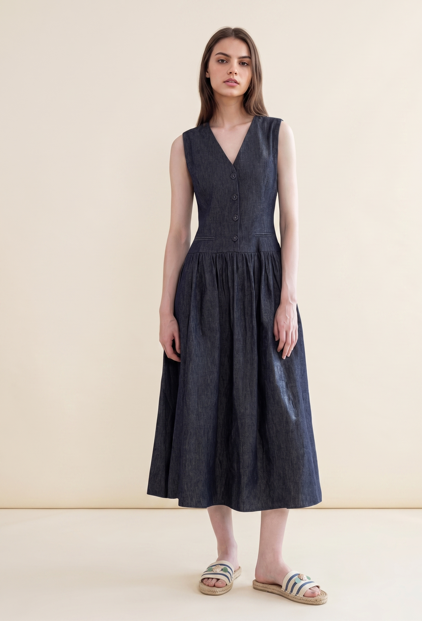 Feletin Luxe Buttoned V-Neck Sleeveless Midi Dress in Dark Navy