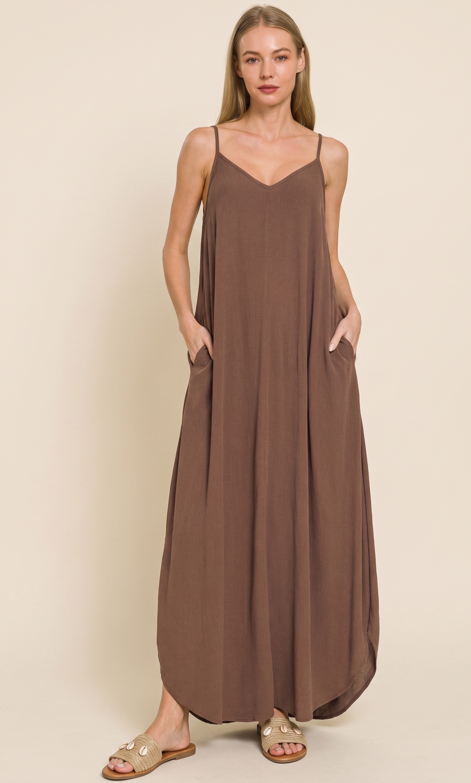 Feletin Luxe Woven Crinkle Cami Maxi Dress with Side Pockets & Slit in Brown