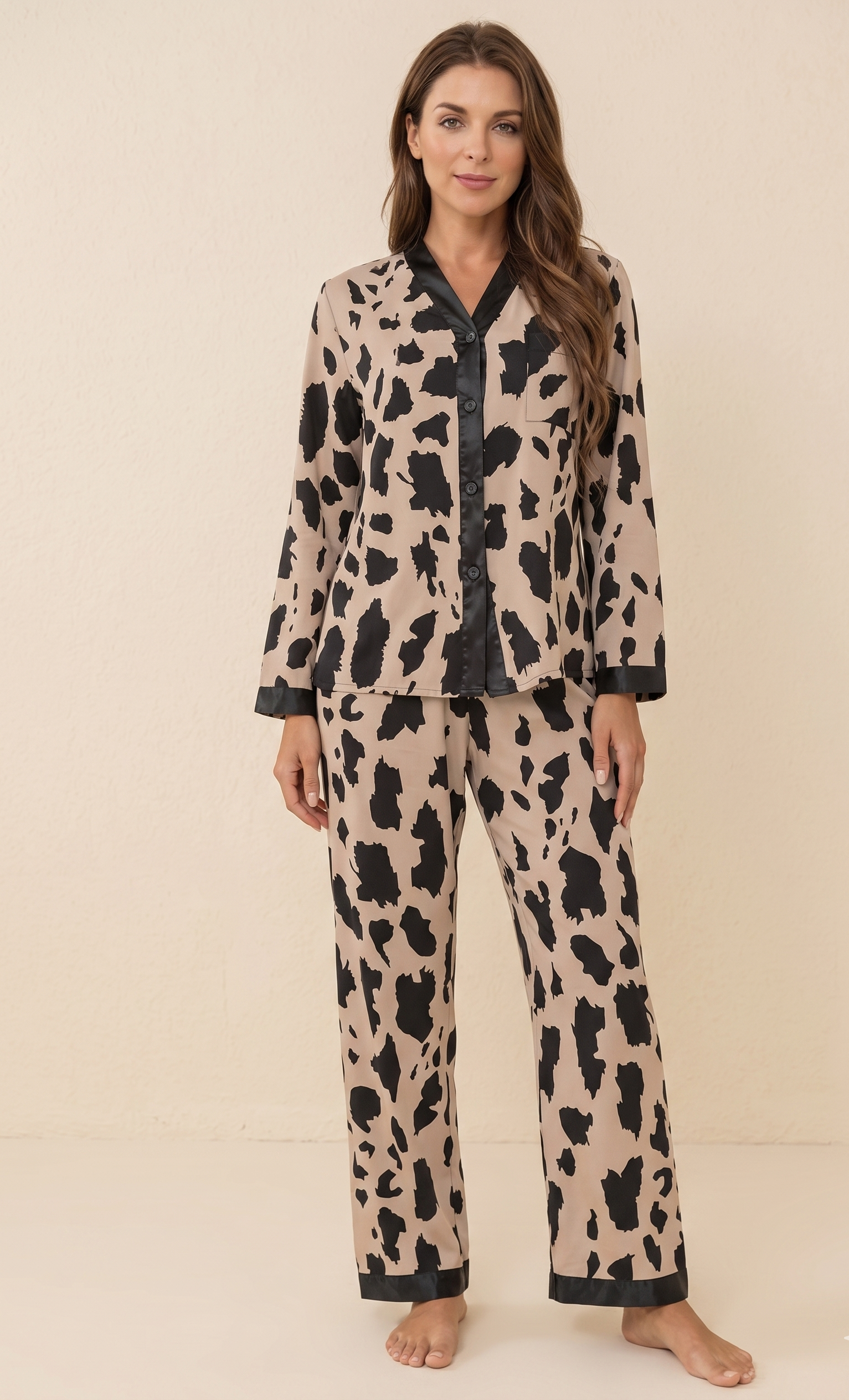 Feletin Luxe Leopard Print Button-Up Long Sleeve Top & Pants Set